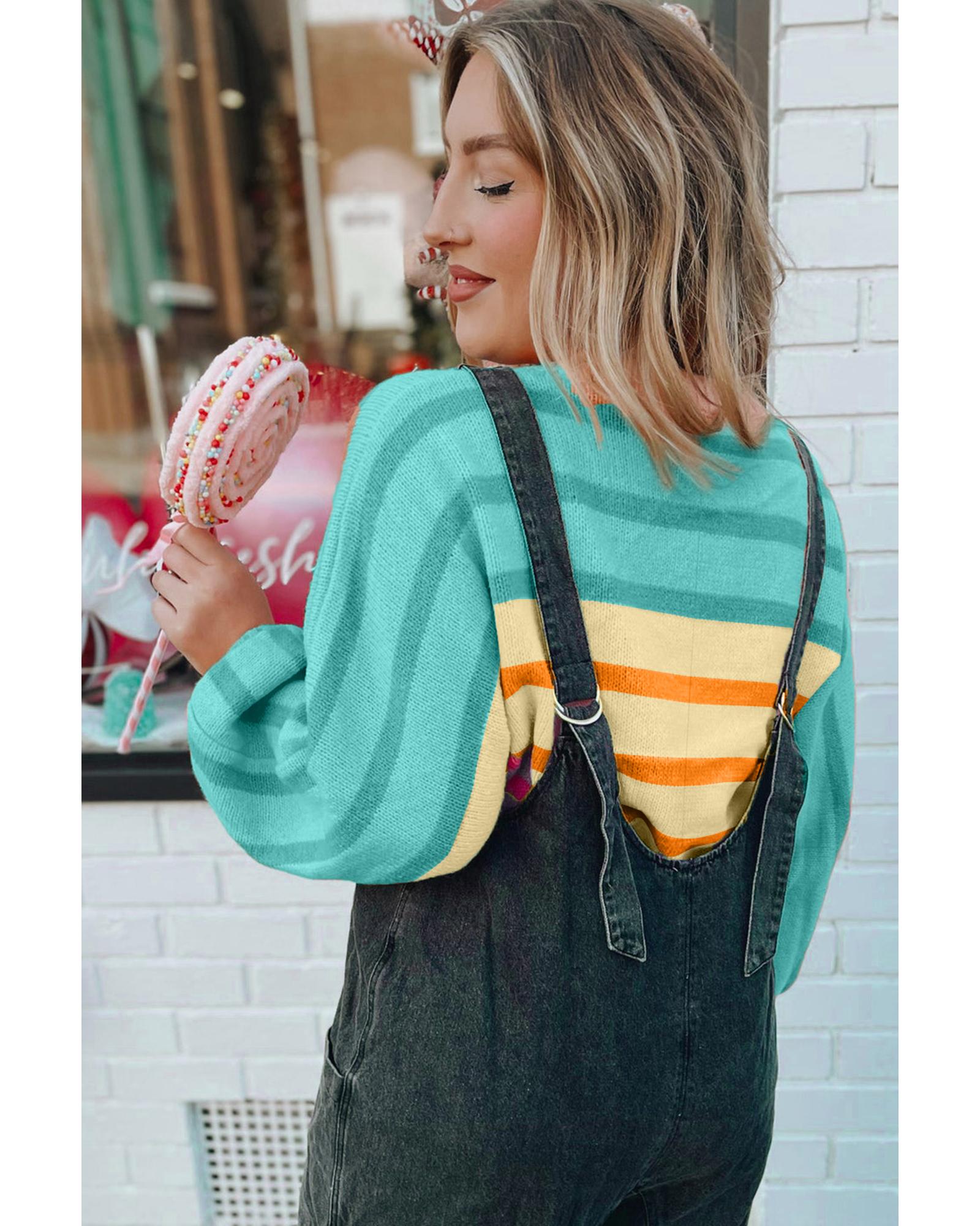 Yellow Stripe Gradient Striped Ribbed Edge Loose Sweater - M 6