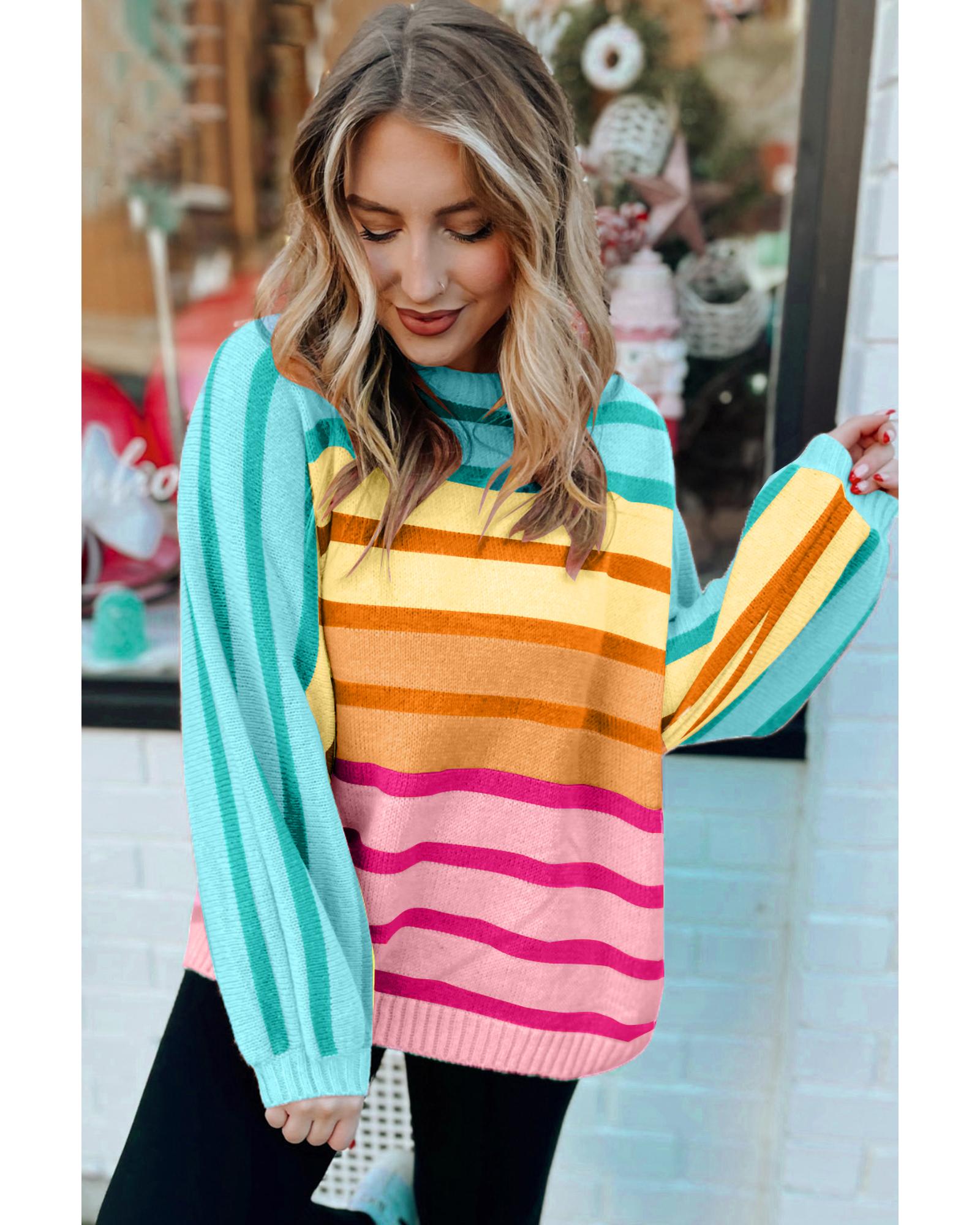 Yellow Stripe Gradient Striped Ribbed Edge Loose Sweater - M 7