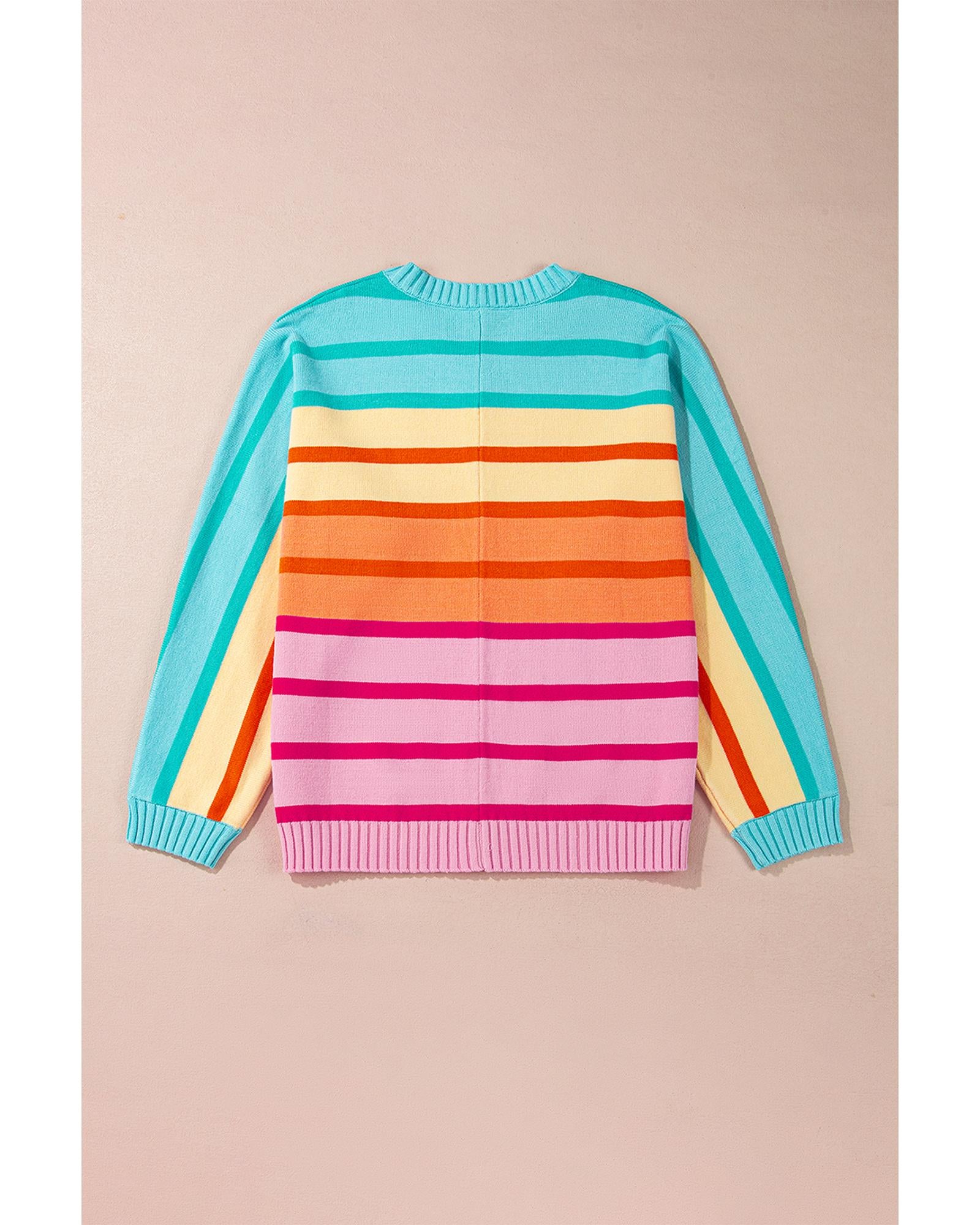 Yellow Stripe Gradient Striped Ribbed Edge Loose Sweater - M 8