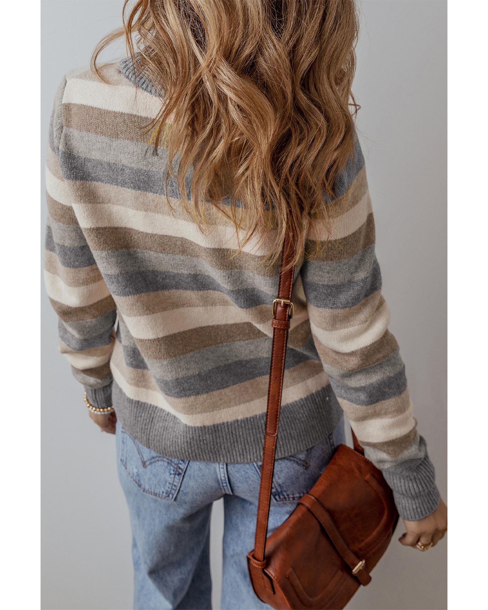 Gray Stripe Color Block Ribbed Edge Round Neck Sweater - XL