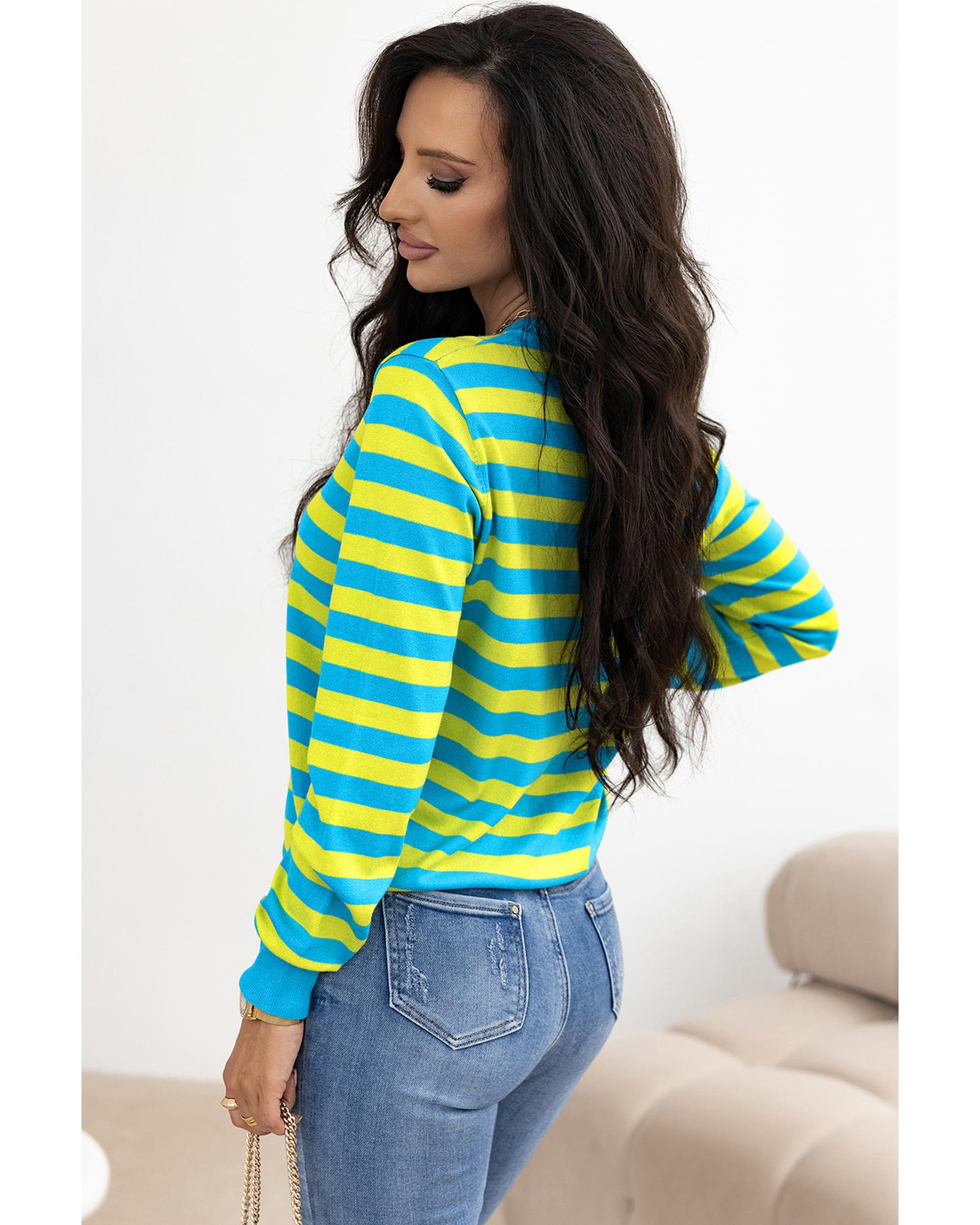 Green Stripe Crew Neck Drop Shoulder Casual Sweater - S 4