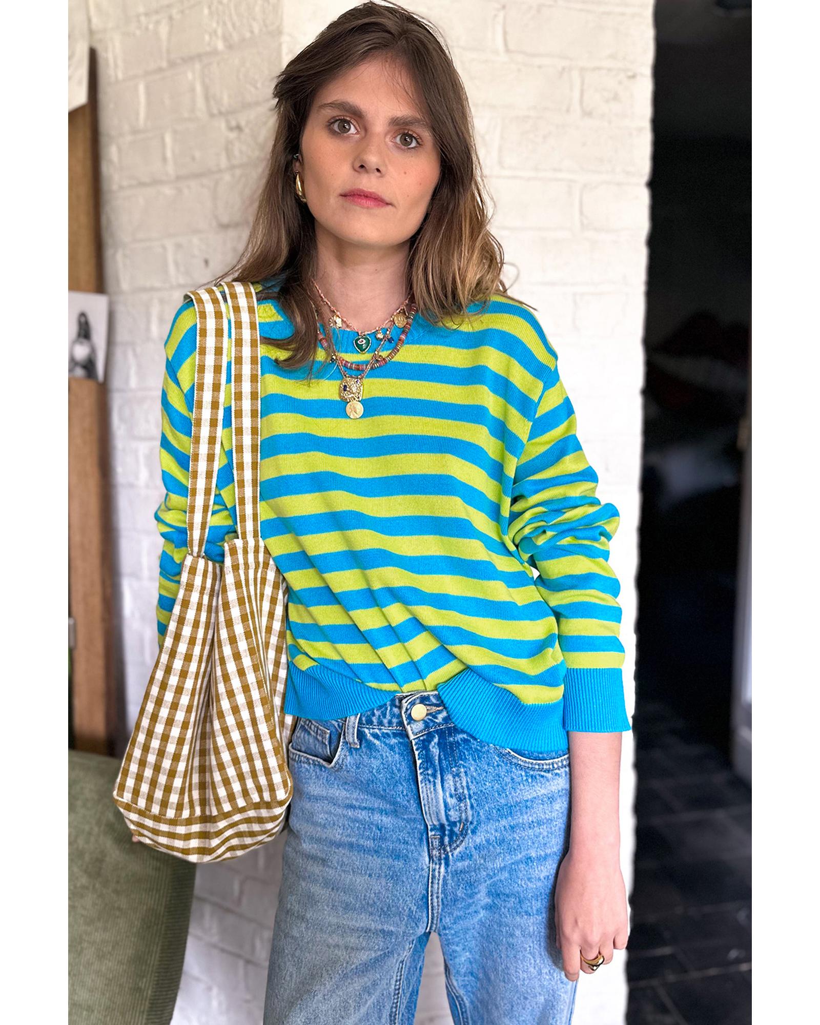 Green Stripe Crew Neck Drop Shoulder Casual Sweater - S 5