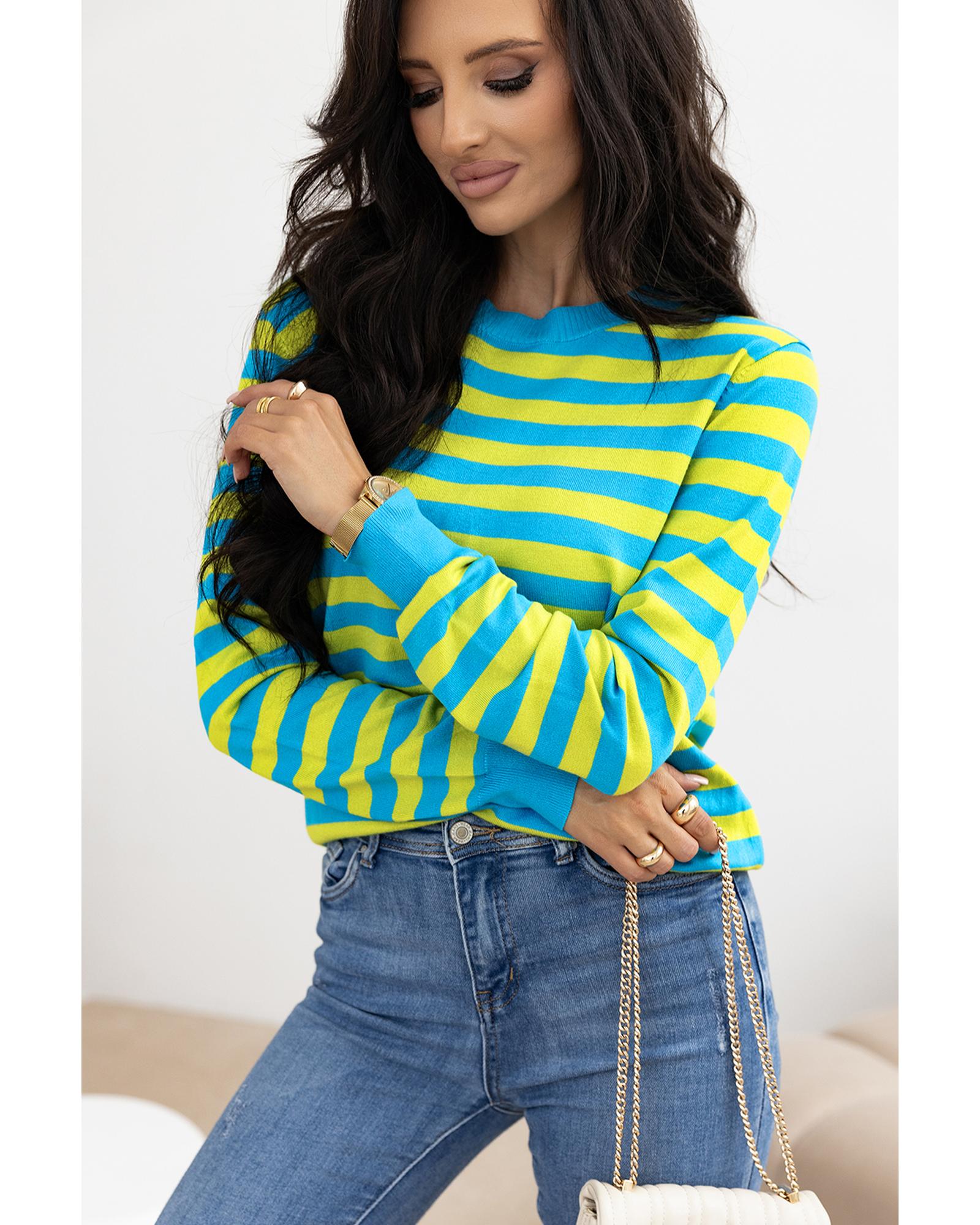 Green Stripe Crew Neck Drop Shoulder Casual Sweater - S 7