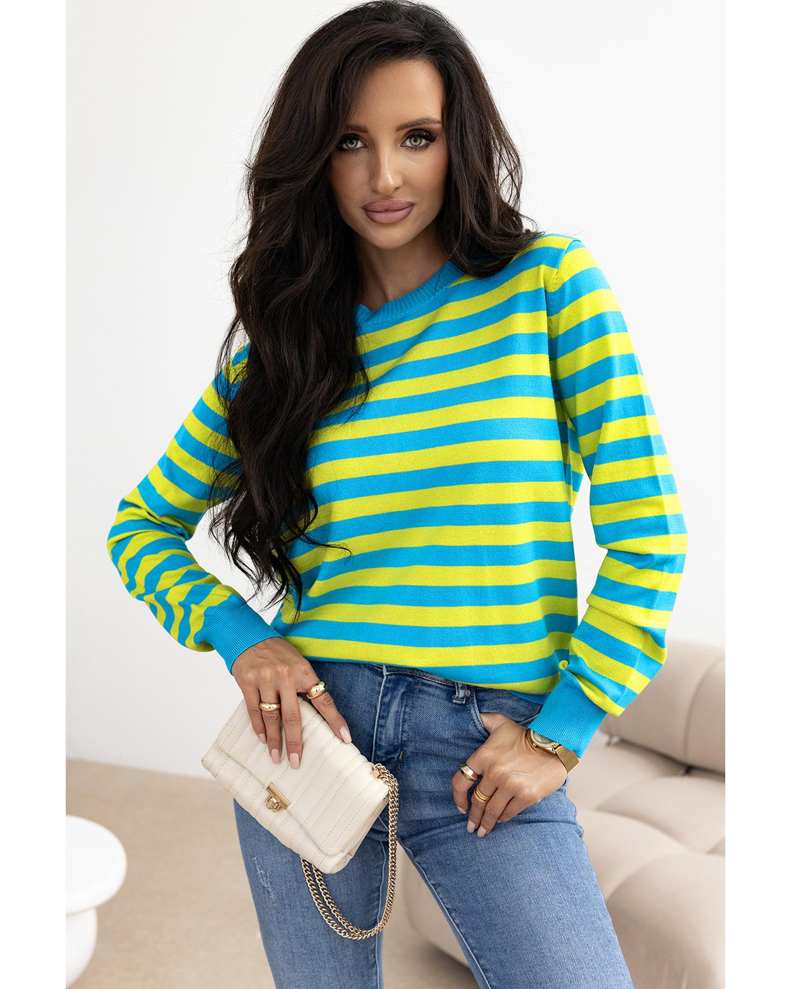 Green Stripe Crew Neck Drop Shoulder Casual Sweater - XL 3