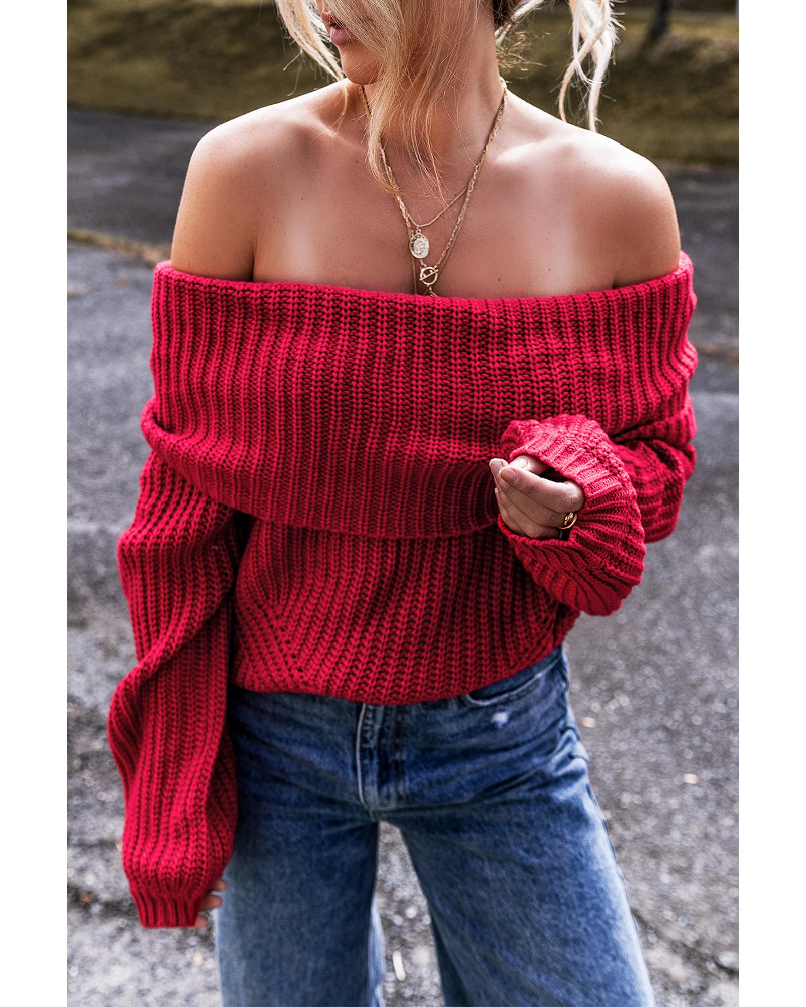 Racing Red Off-the-shoulder Knit Sweater - M 5