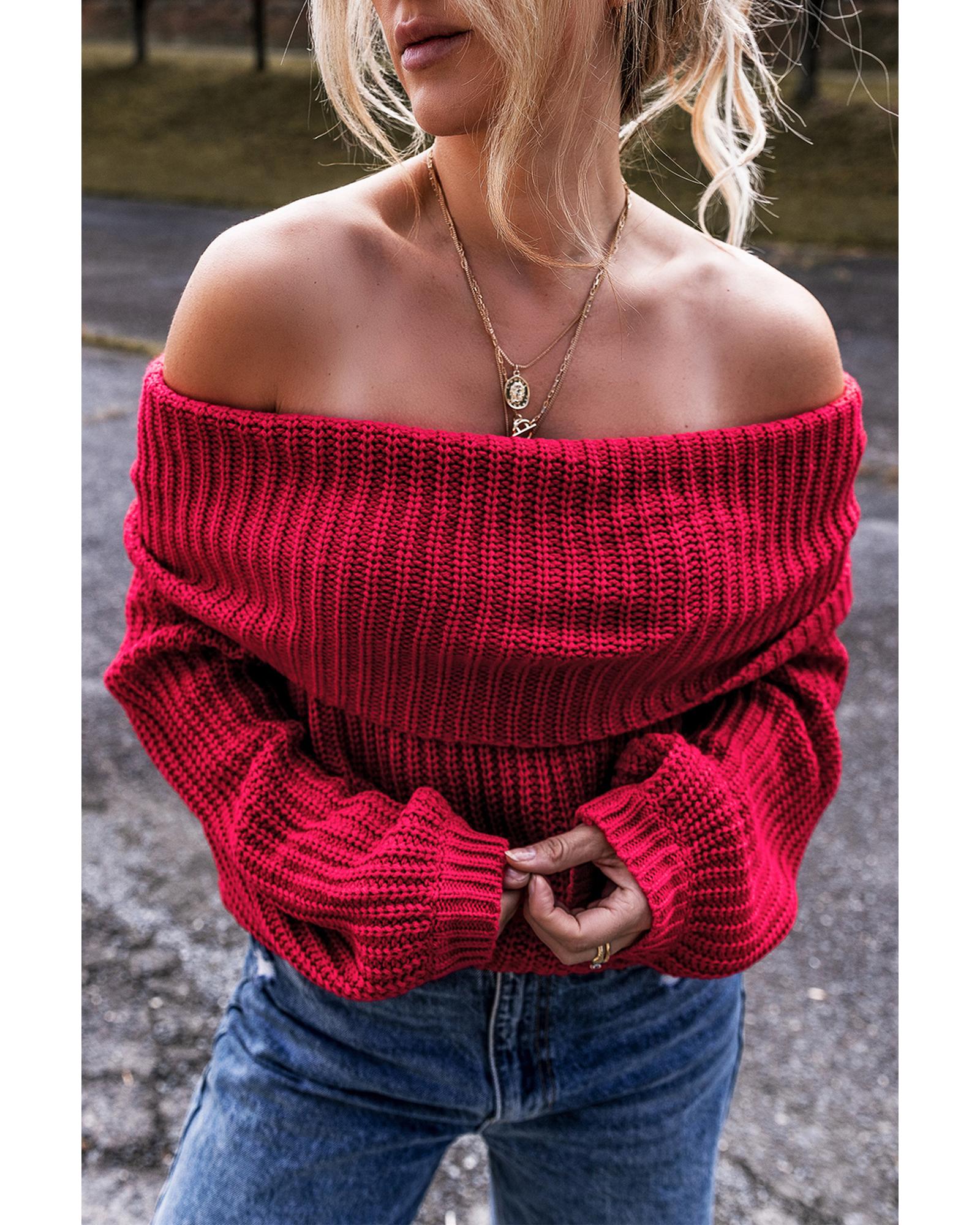 Racing Red Off-the-shoulder Knit Sweater - S 6