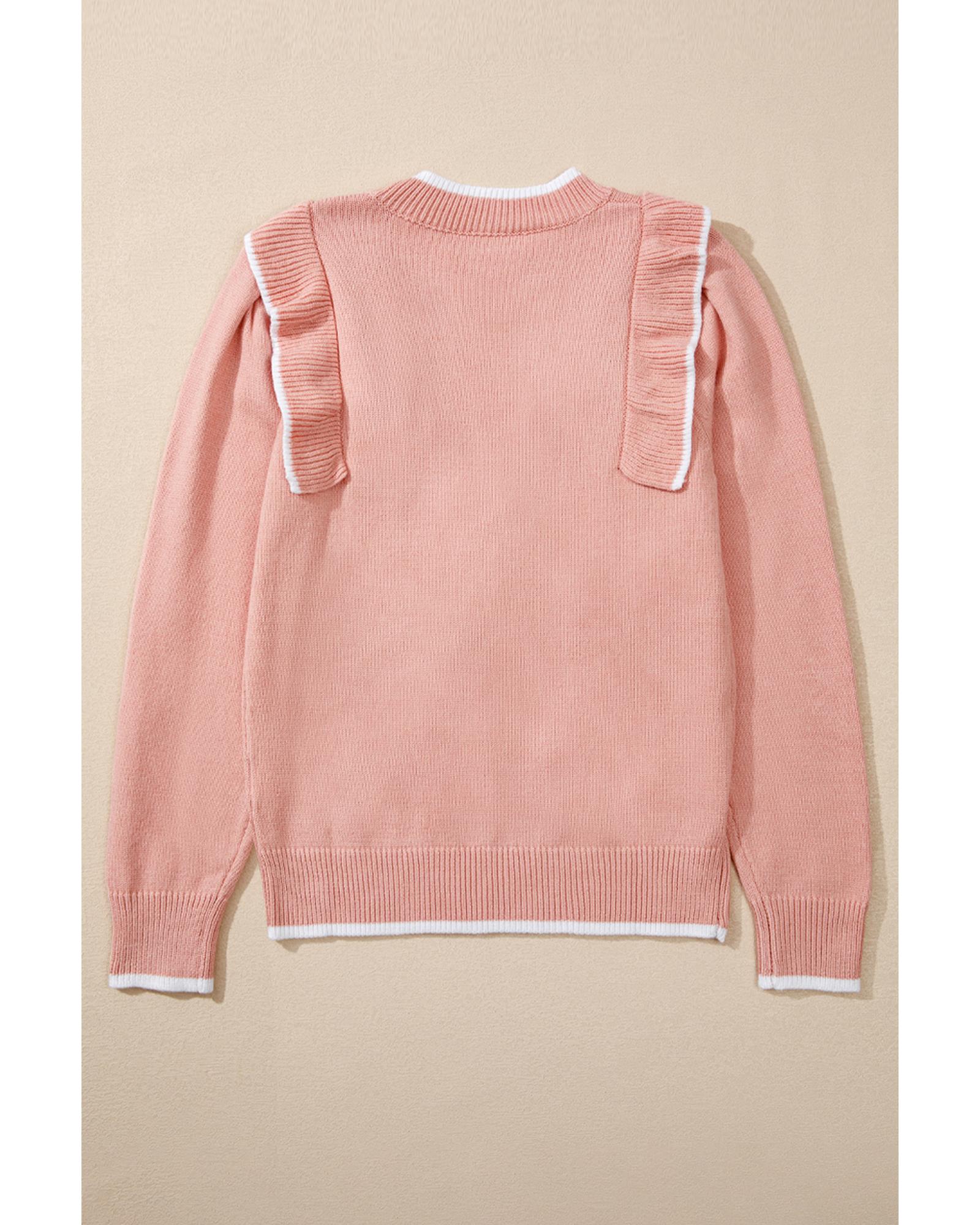 Light Pink Ruffled Bowknot Ribbed Trim Long Sleeve Sweater - M 4