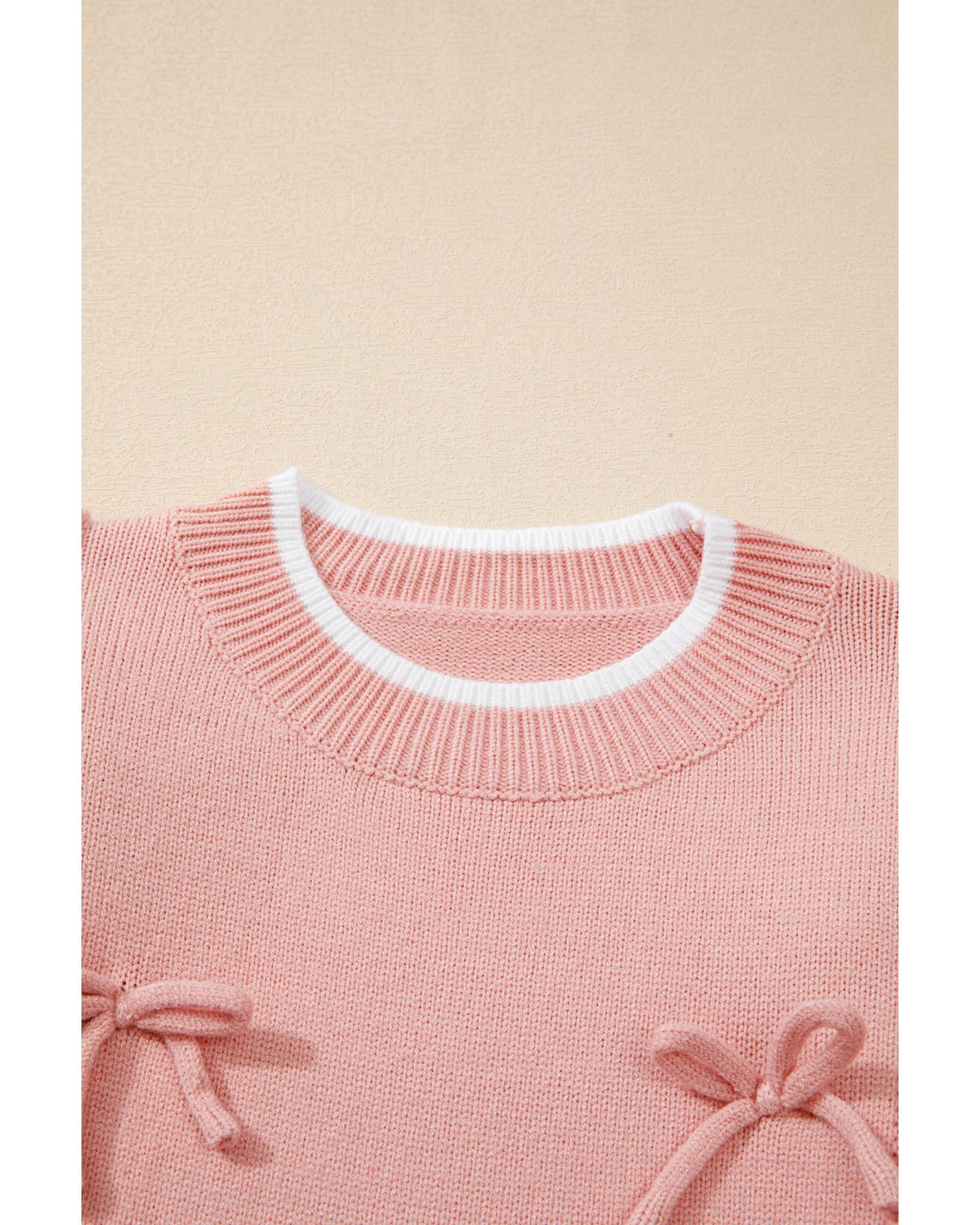 Light Pink Ruffled Bowknot Ribbed Trim Long Sleeve Sweater - M 5