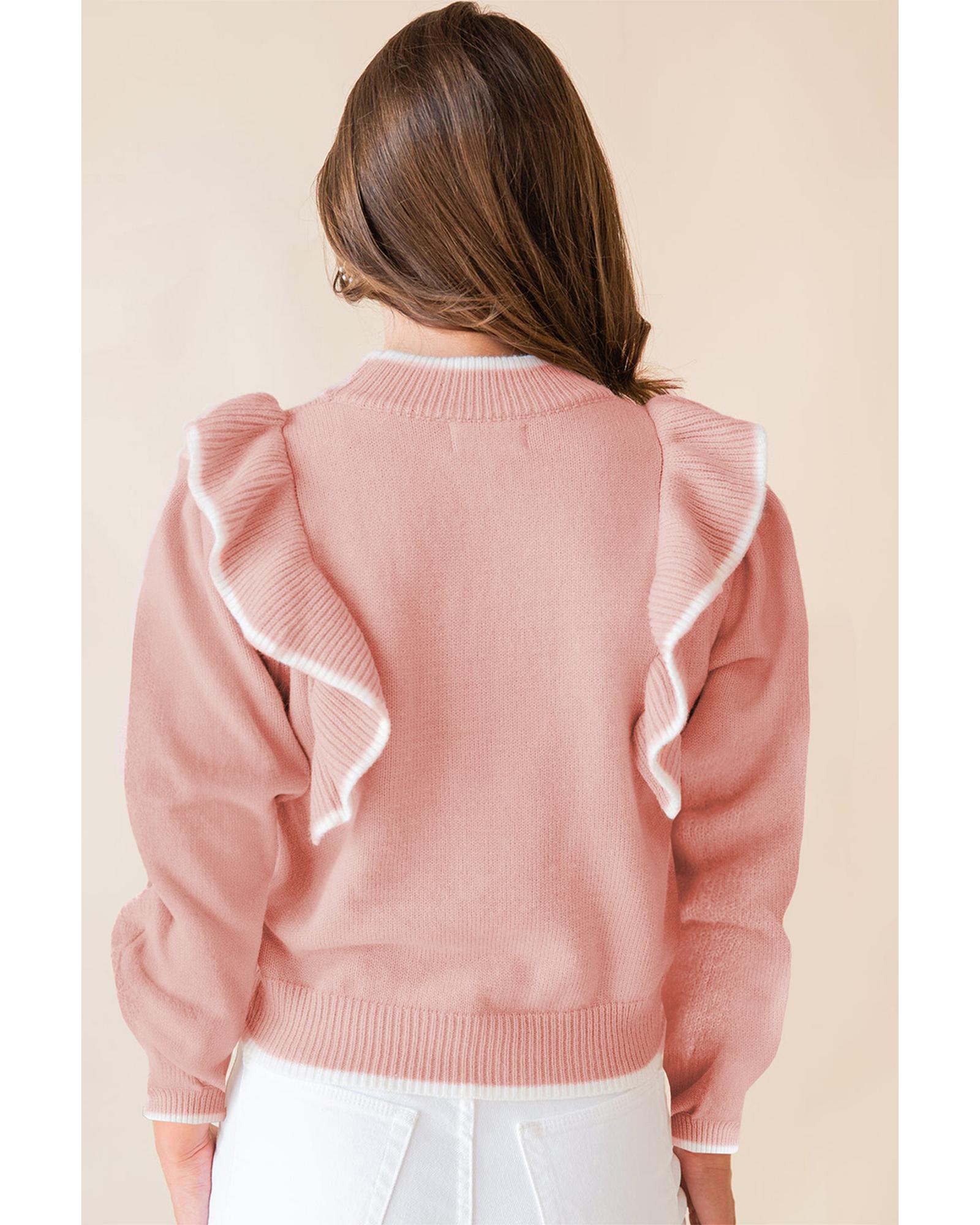 Light Pink Ruffled Bowknot Ribbed Trim Long Sleeve Sweater - M 7