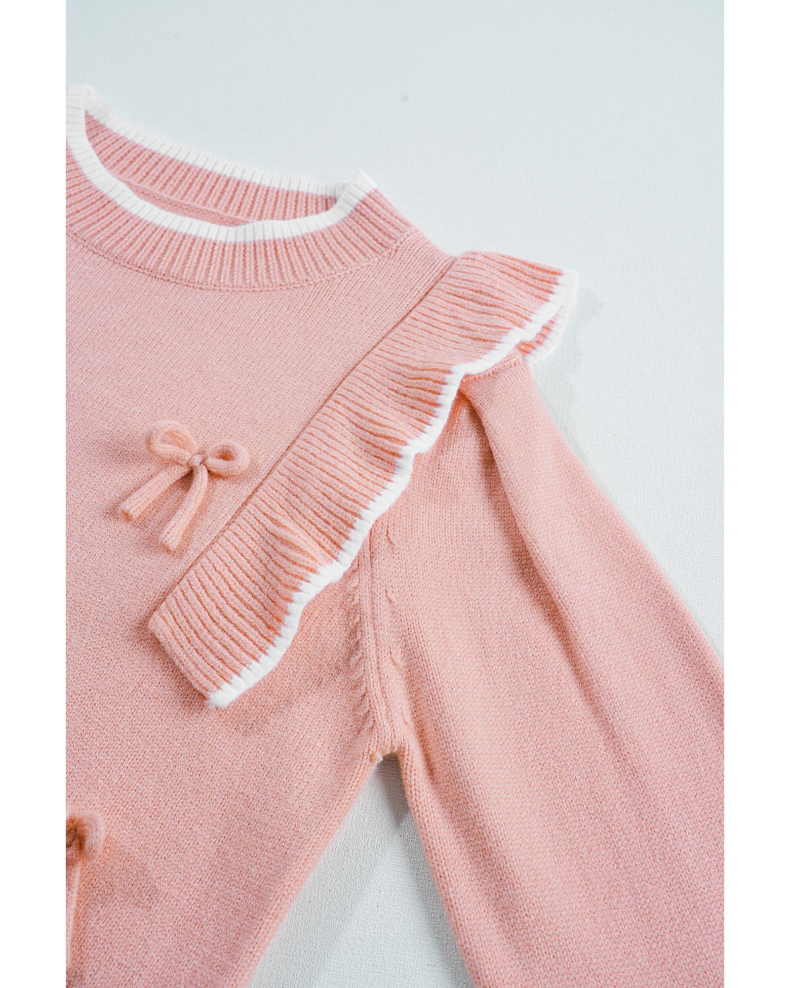 Light Pink Ruffled Bowknot Ribbed Trim Long Sleeve Sweater - S