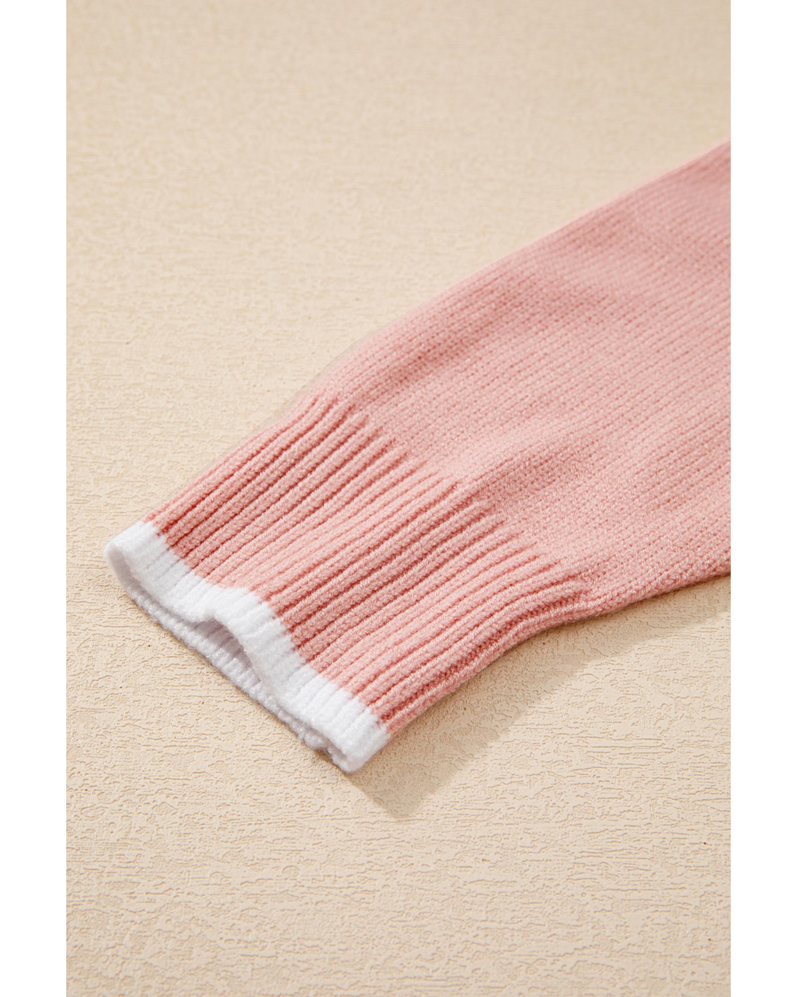 Light Pink Ruffled Bowknot Ribbed Trim Long Sleeve Sweater - S 8