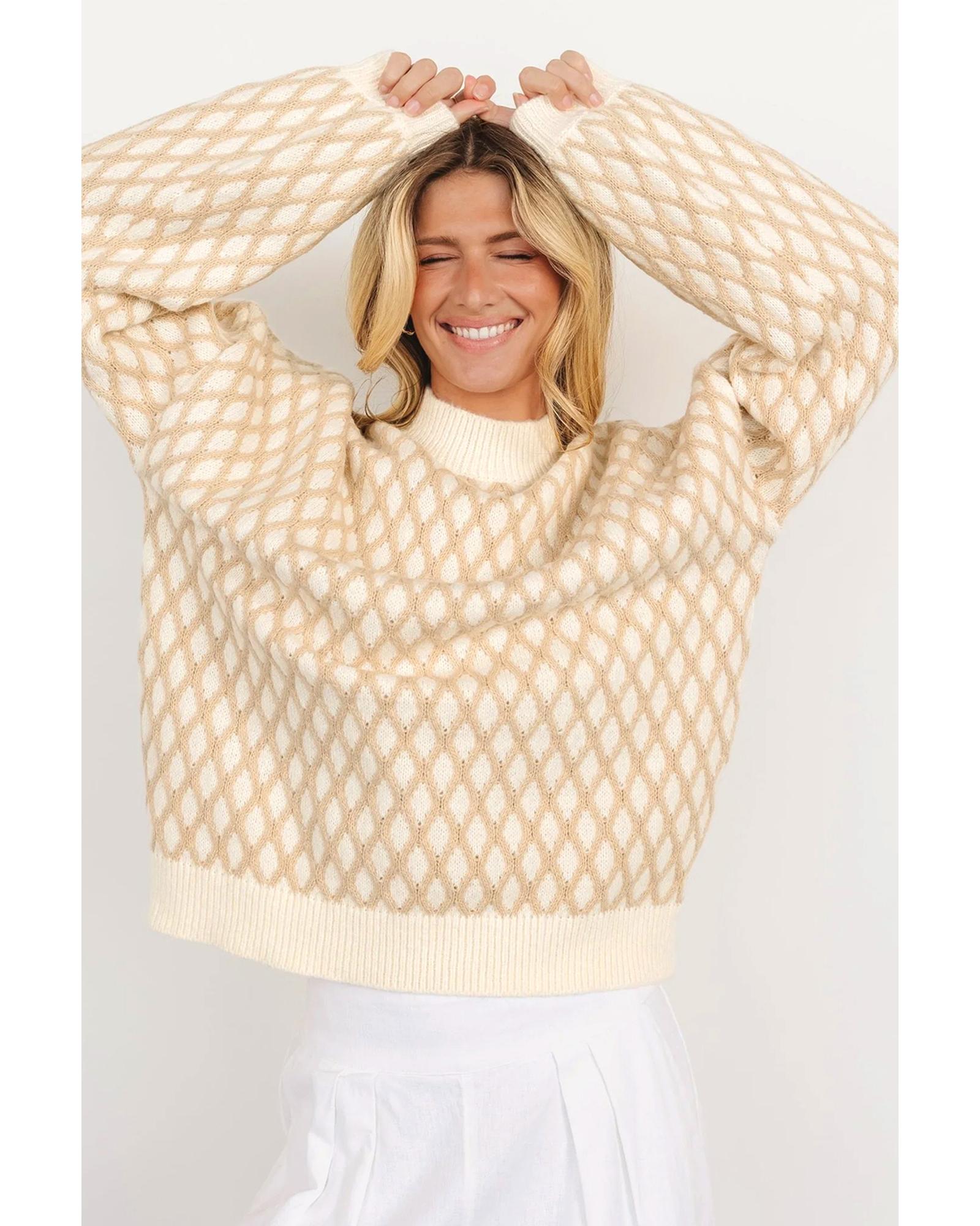 Oatmeal Diamond Knit Drop Shoulder Loose Sweater - L
