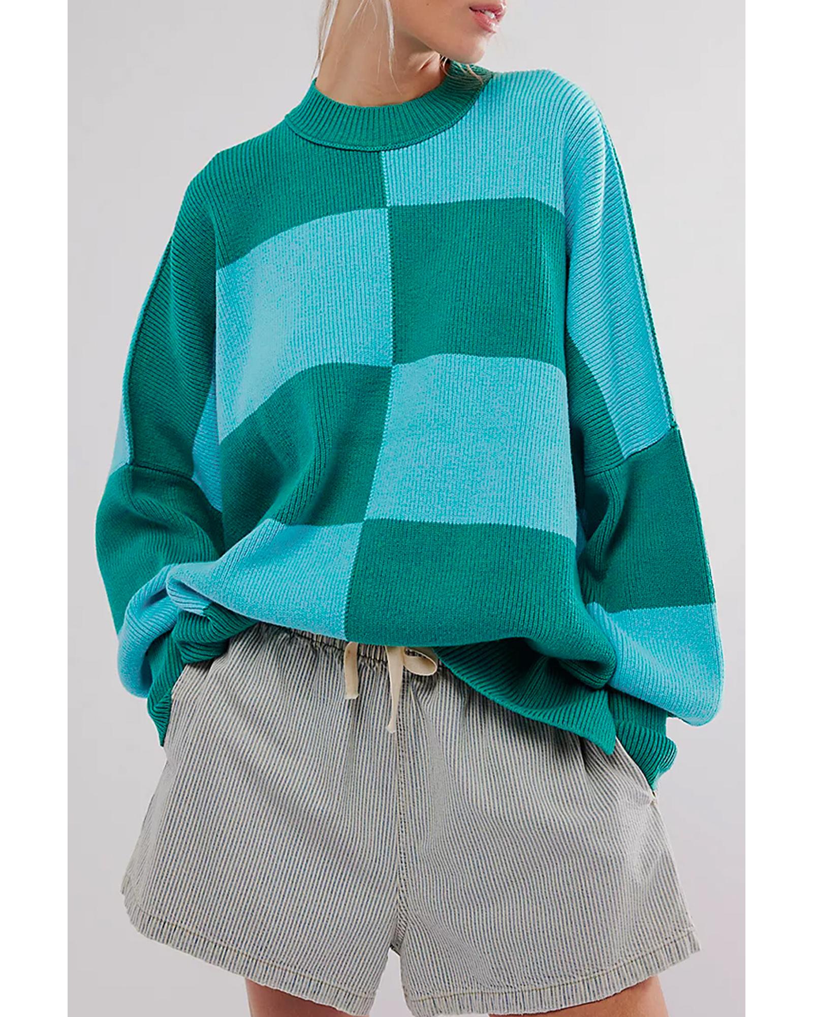 Green Checkered Side Slits Drop Shoulder Oversized Sweater - L