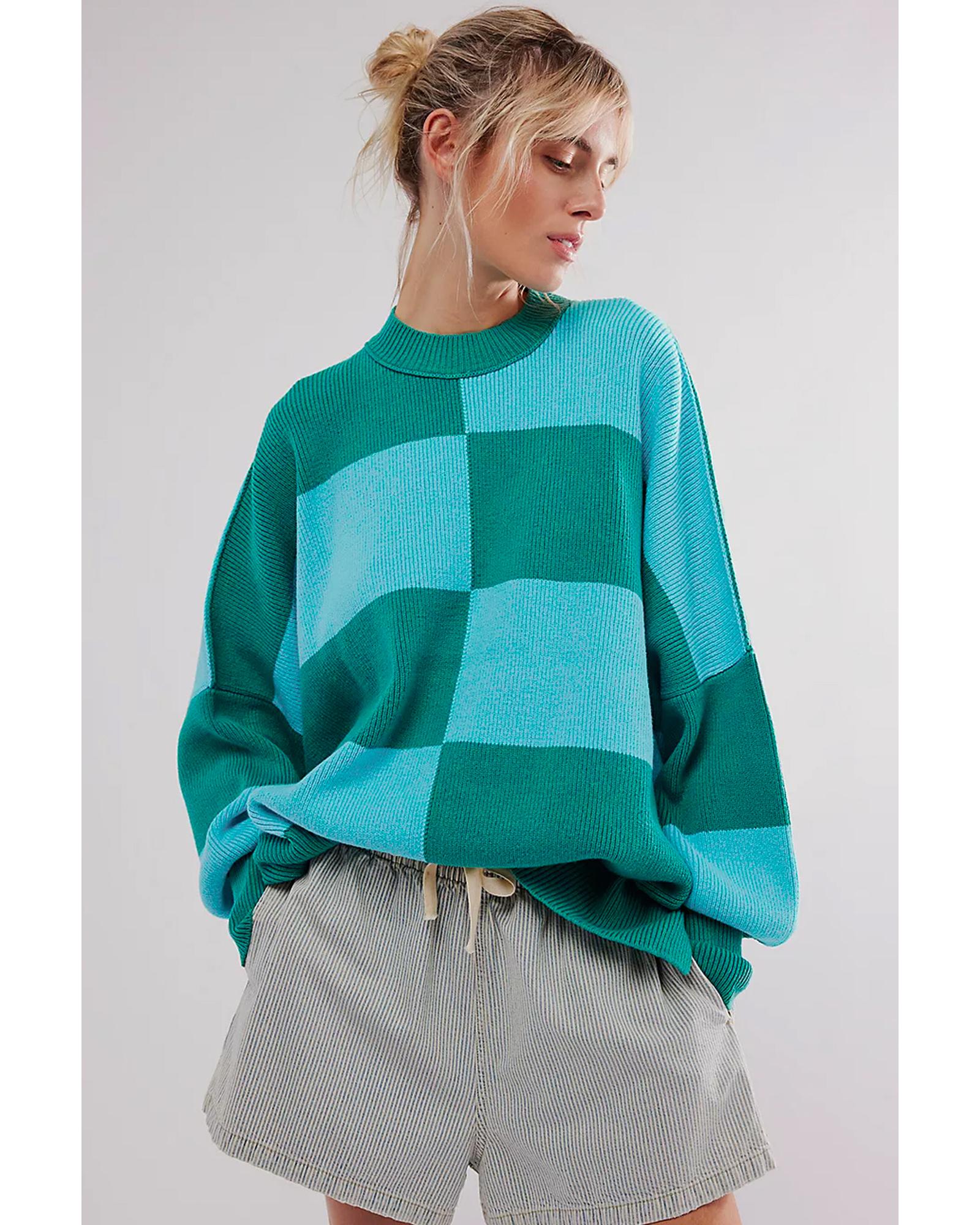 Green Checkered Side Slits Drop Shoulder Oversized Sweater - M 4