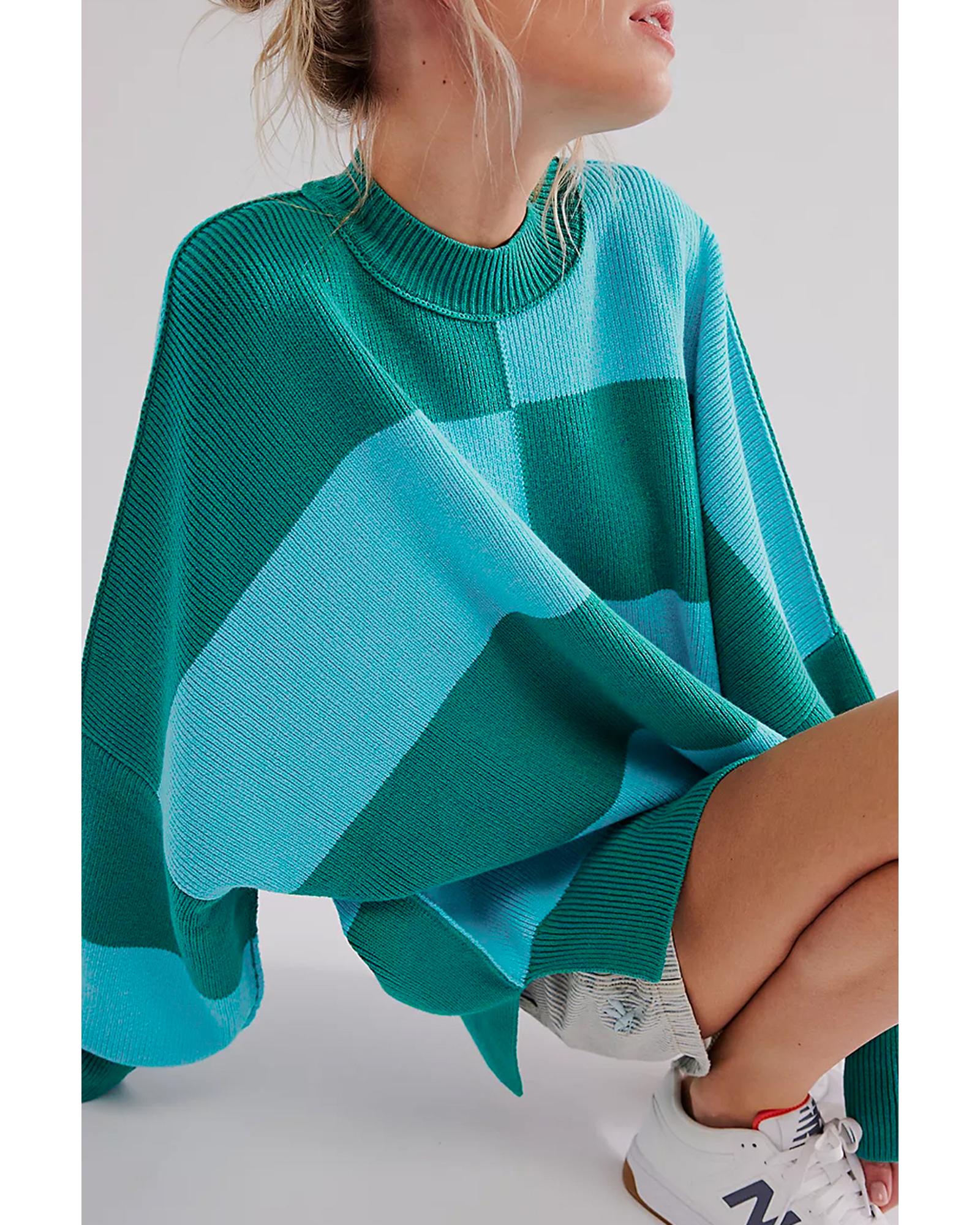 Green Checkered Side Slits Drop Shoulder Oversized Sweater - XL 3