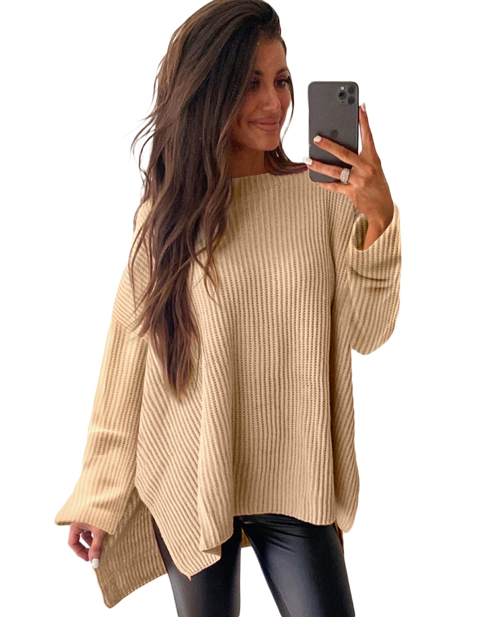 Apricot Cable Knit Drop Shoulder Side Slits Loose Sweater - L