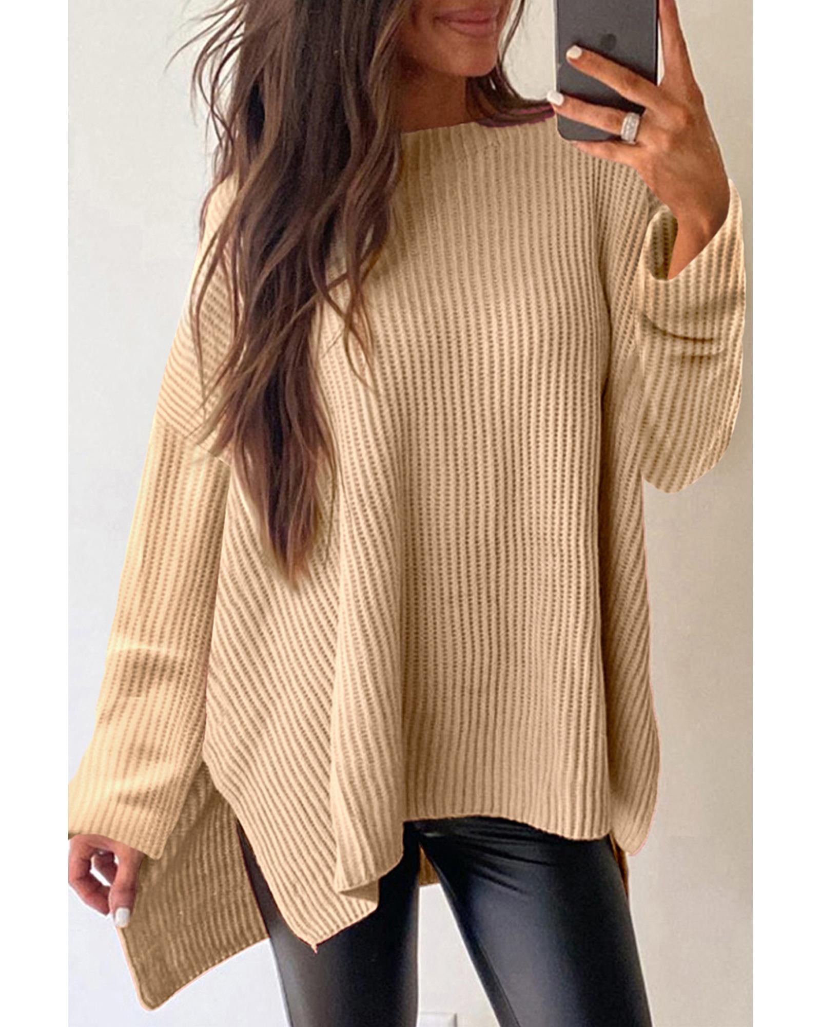 Apricot Cable Knit Drop Shoulder Side Slits Loose Sweater - L 6