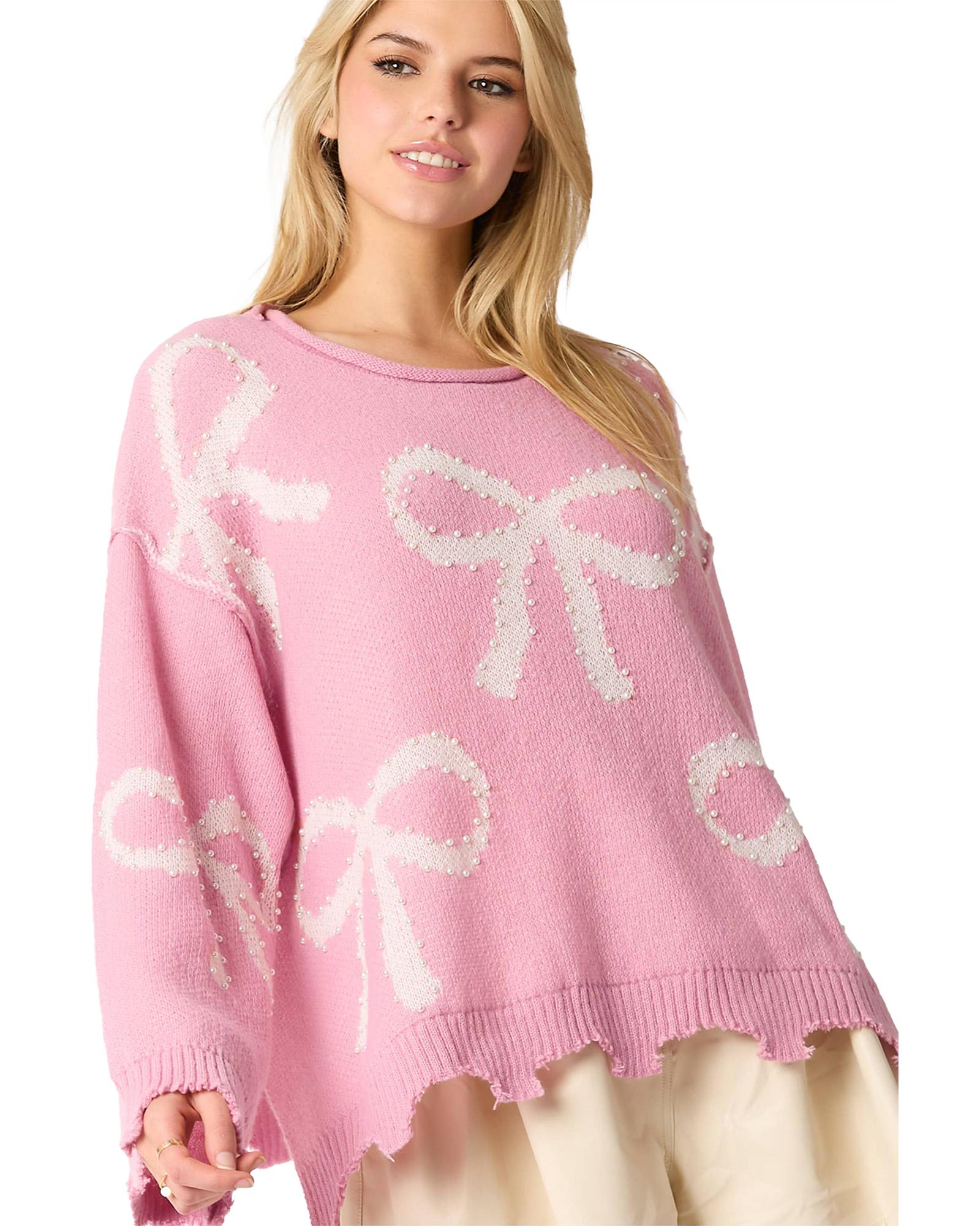 Pink Pearl Beaded Bowknot Pattern Distressed Split Hem Sweater - L