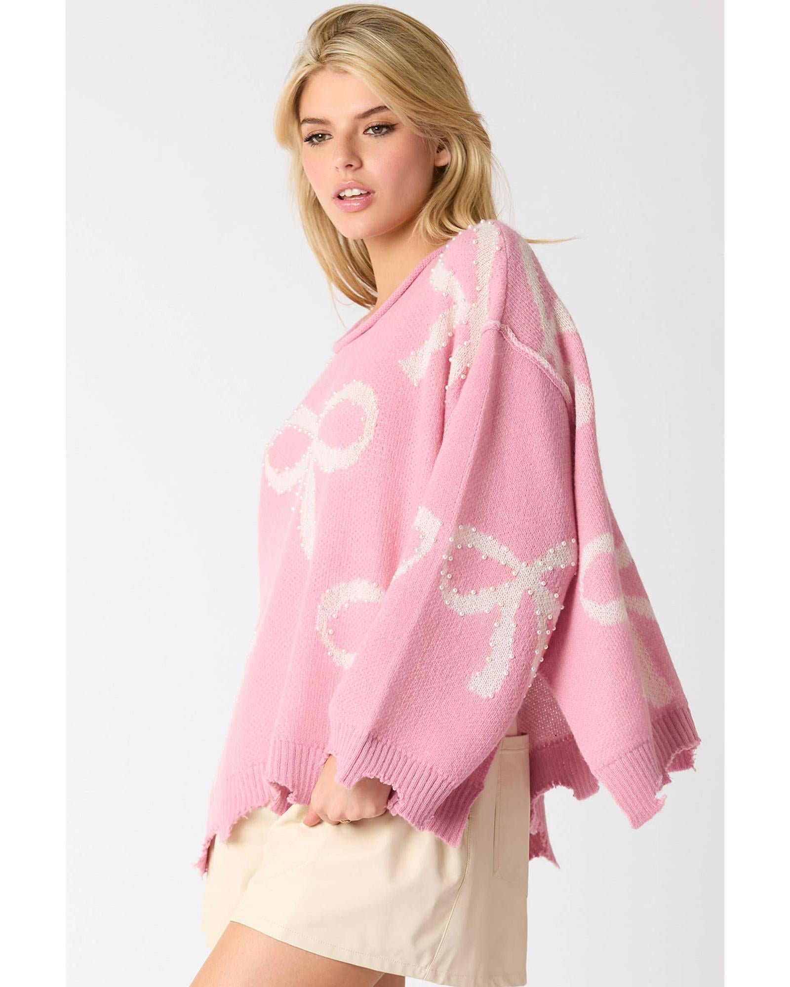 Pink Pearl Beaded Bowknot Pattern Distressed Split Hem Sweater - L 3