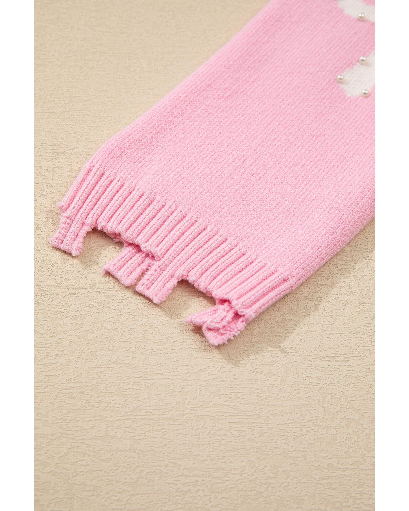 Pink Pearl Beaded Bowknot Pattern Distressed Split Hem Sweater - L 4