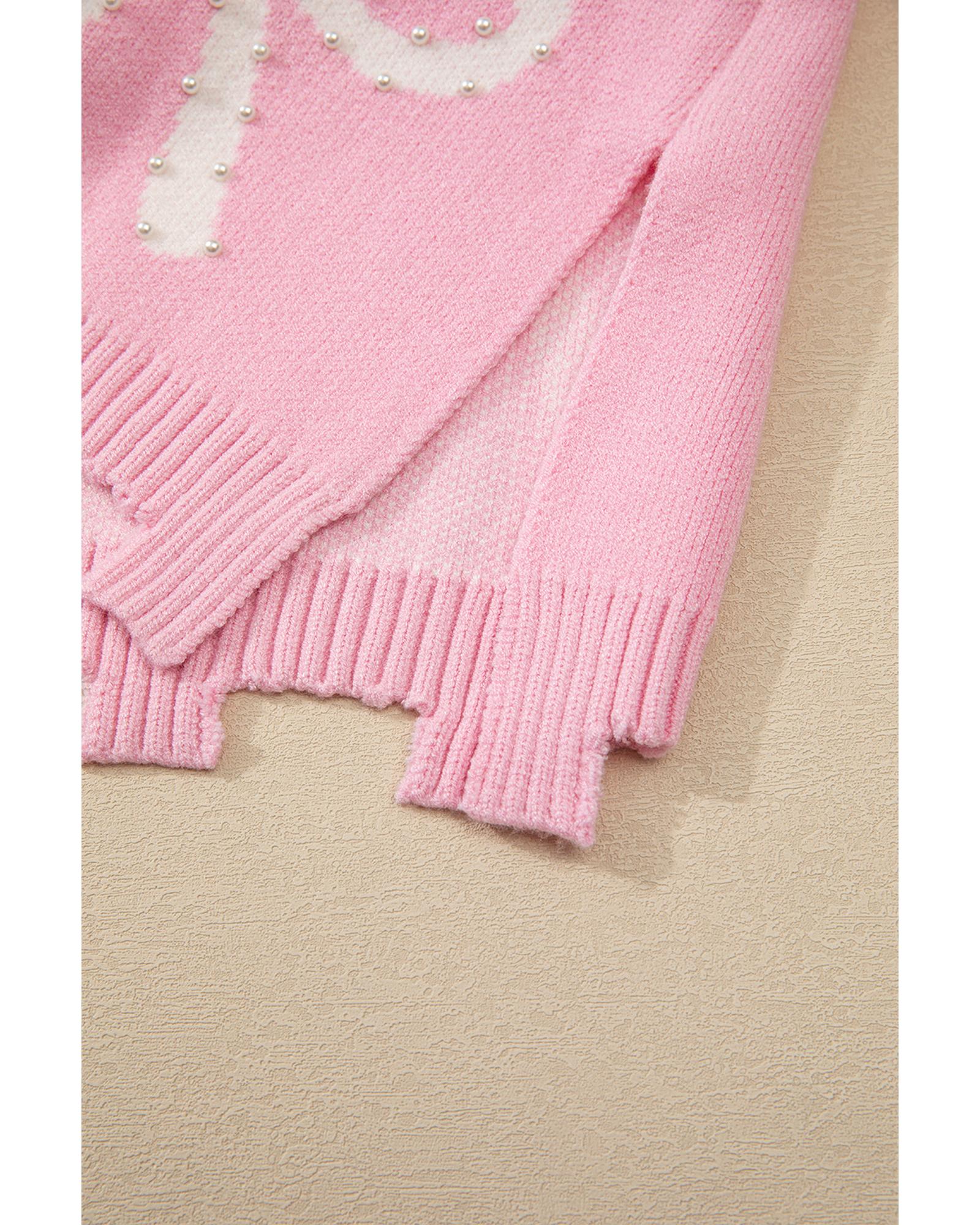 Pink Pearl Beaded Bowknot Pattern Distressed Split Hem Sweater - L 6