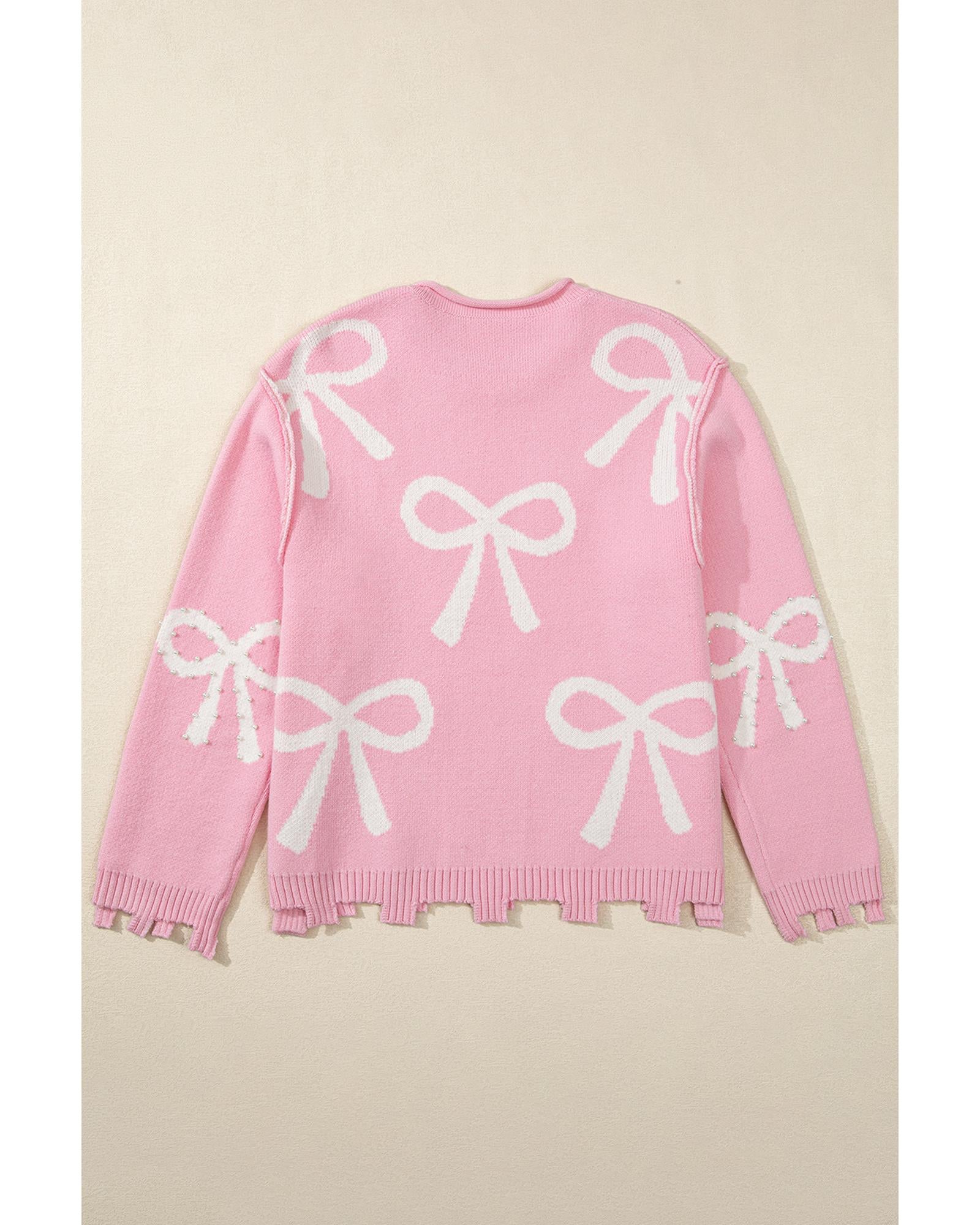 Pink Pearl Beaded Bowknot Pattern Distressed Split Hem Sweater - L 7
