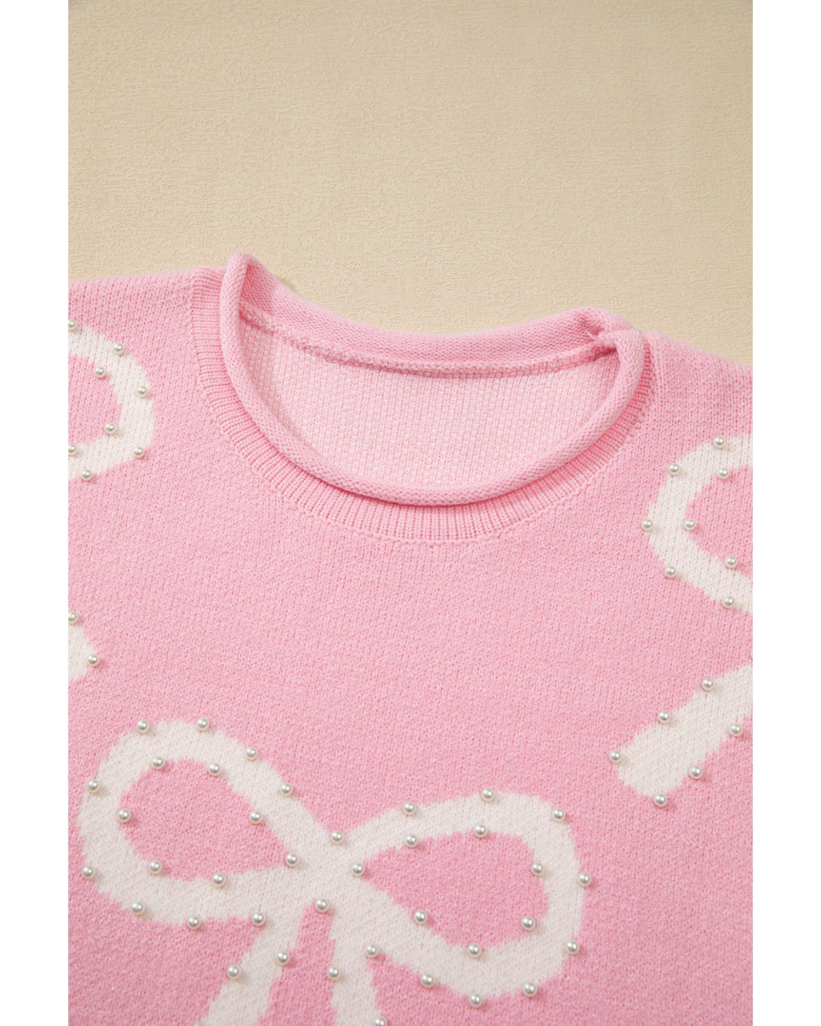 Pink Pearl Beaded Bowknot Pattern Distressed Split Hem Sweater - XL