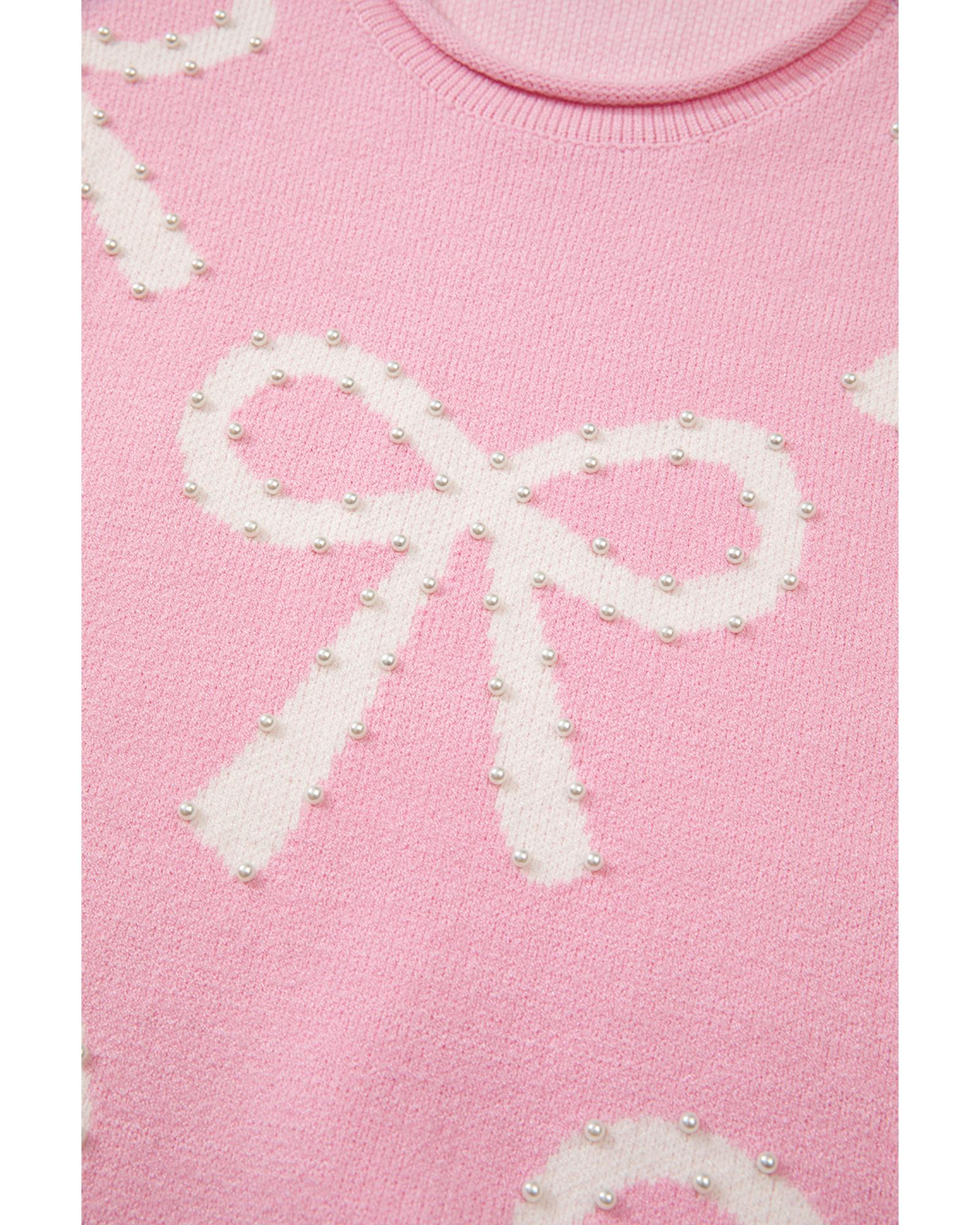 Pink Pearl Beaded Bowknot Pattern Distressed Split Hem Sweater - XL 5