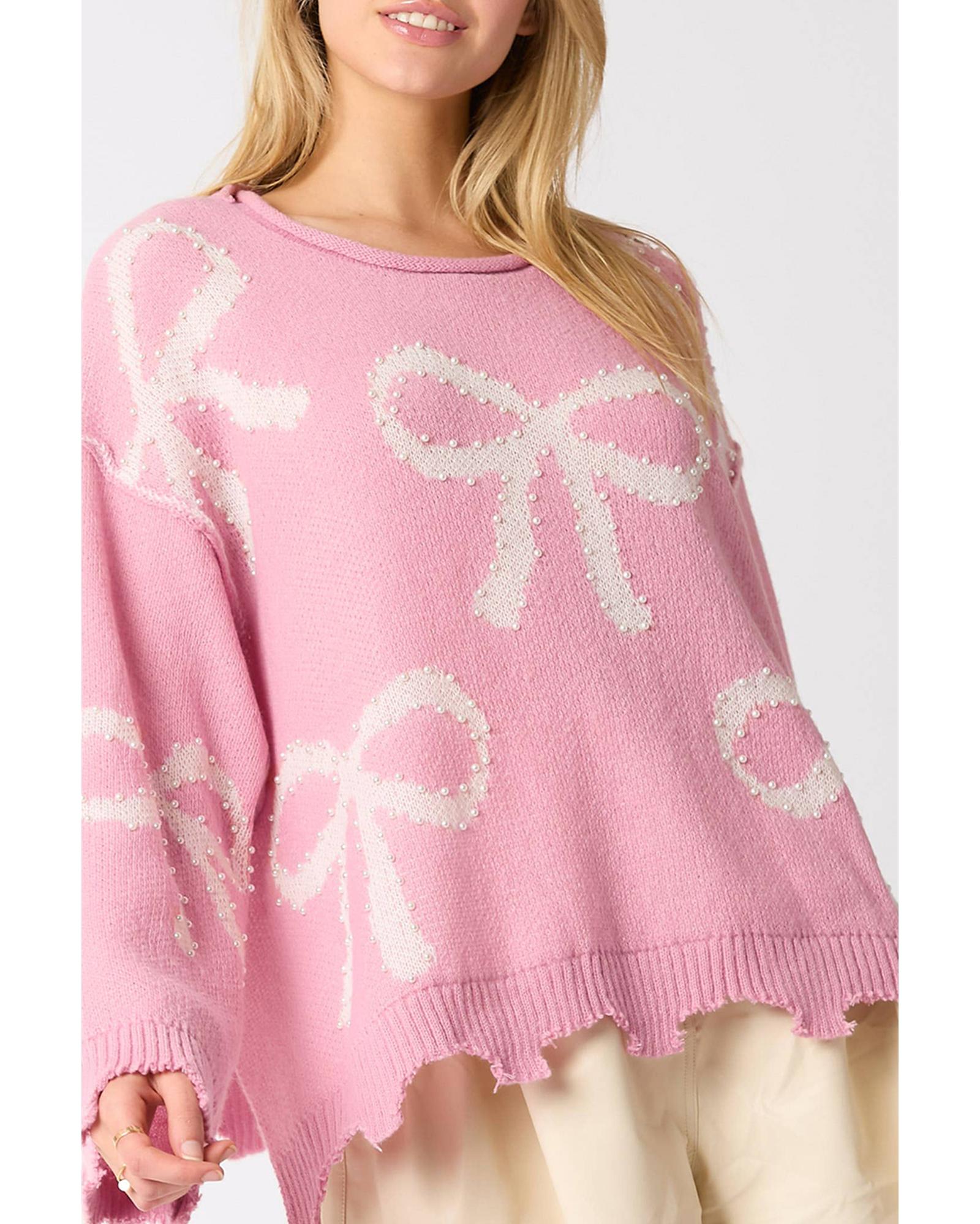 Pink Pearl Beaded Bowknot Pattern Distressed Split Hem Sweater - XL 8