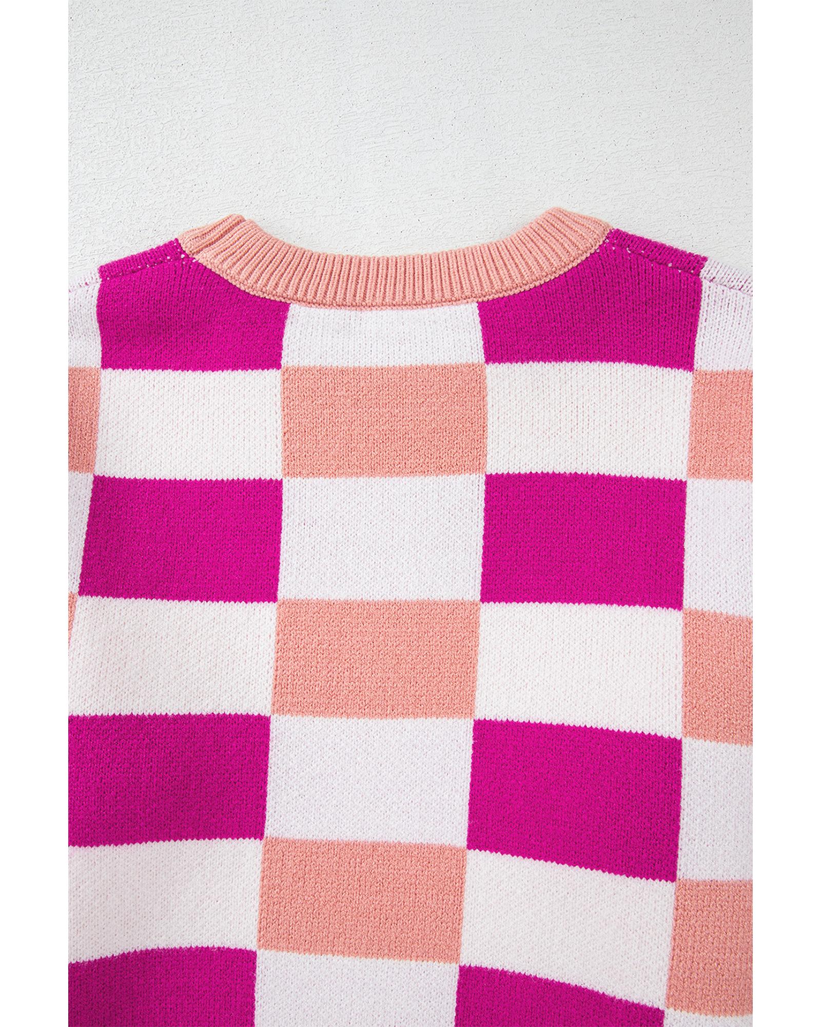 Pink Checkered Ribbed Edge O Neck Drop Shoulder Sweater - XL