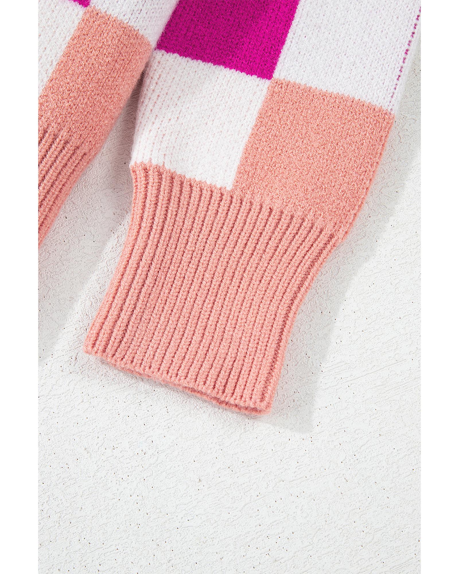 Pink Checkered Ribbed Edge O Neck Drop Shoulder Sweater - XL 3