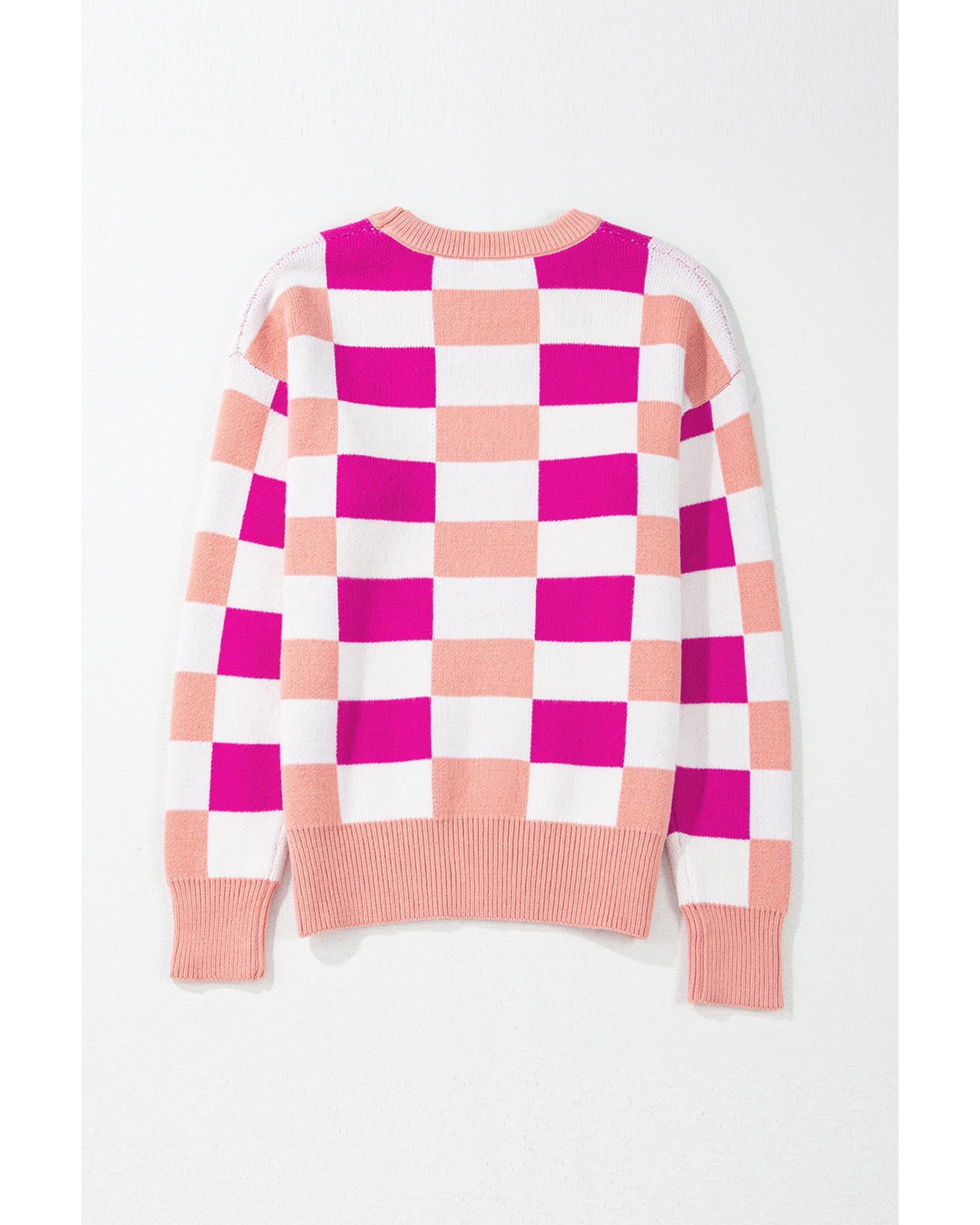 Pink Checkered Ribbed Edge O Neck Drop Shoulder Sweater - XL 4