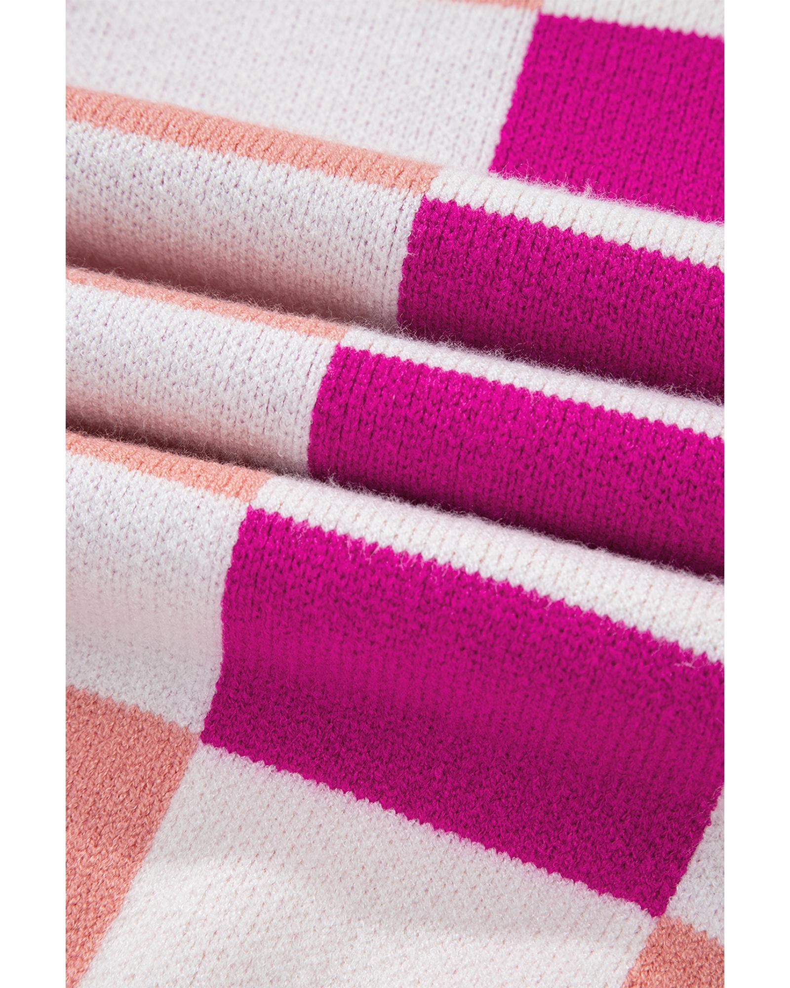 Pink Checkered Ribbed Edge O Neck Drop Shoulder Sweater - XL 5