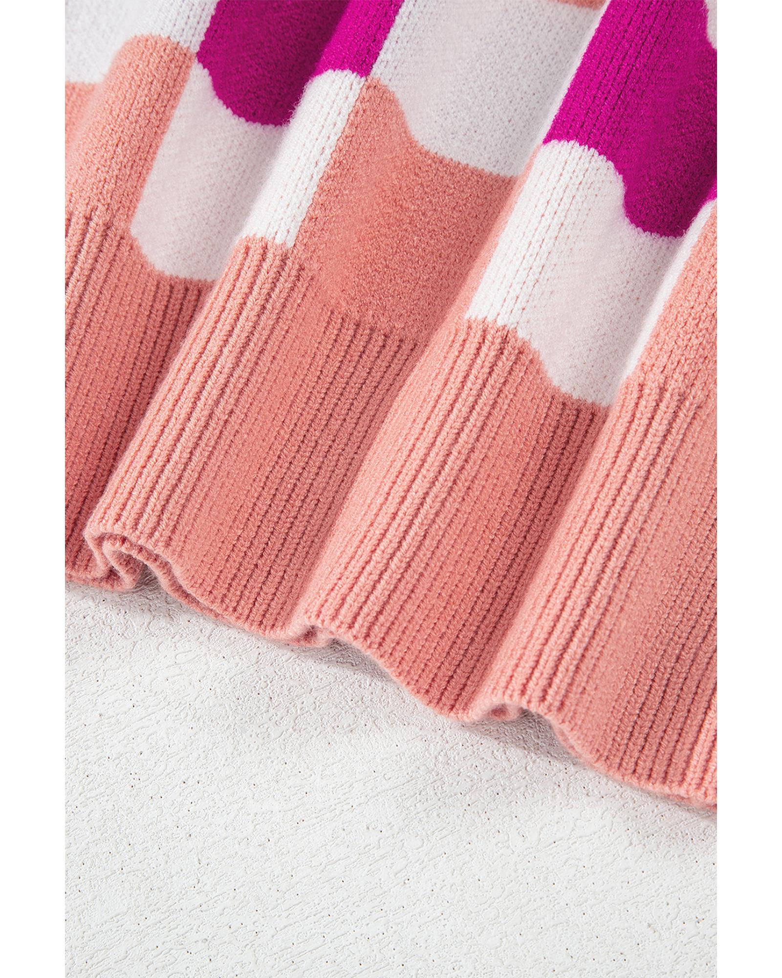 Pink Checkered Ribbed Edge O Neck Drop Shoulder Sweater - XL 6