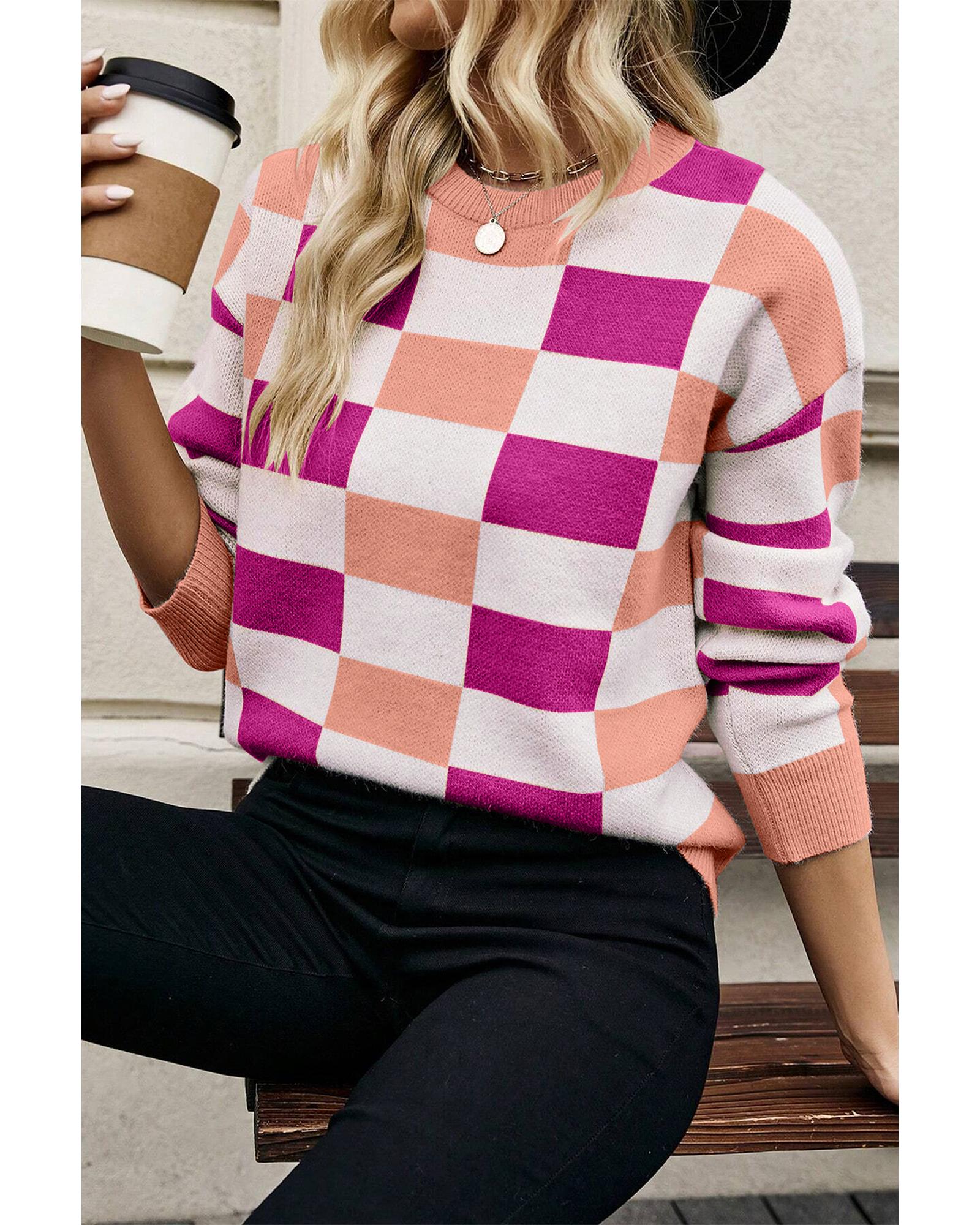 Pink Checkered Ribbed Edge O Neck Drop Shoulder Sweater - XL 7