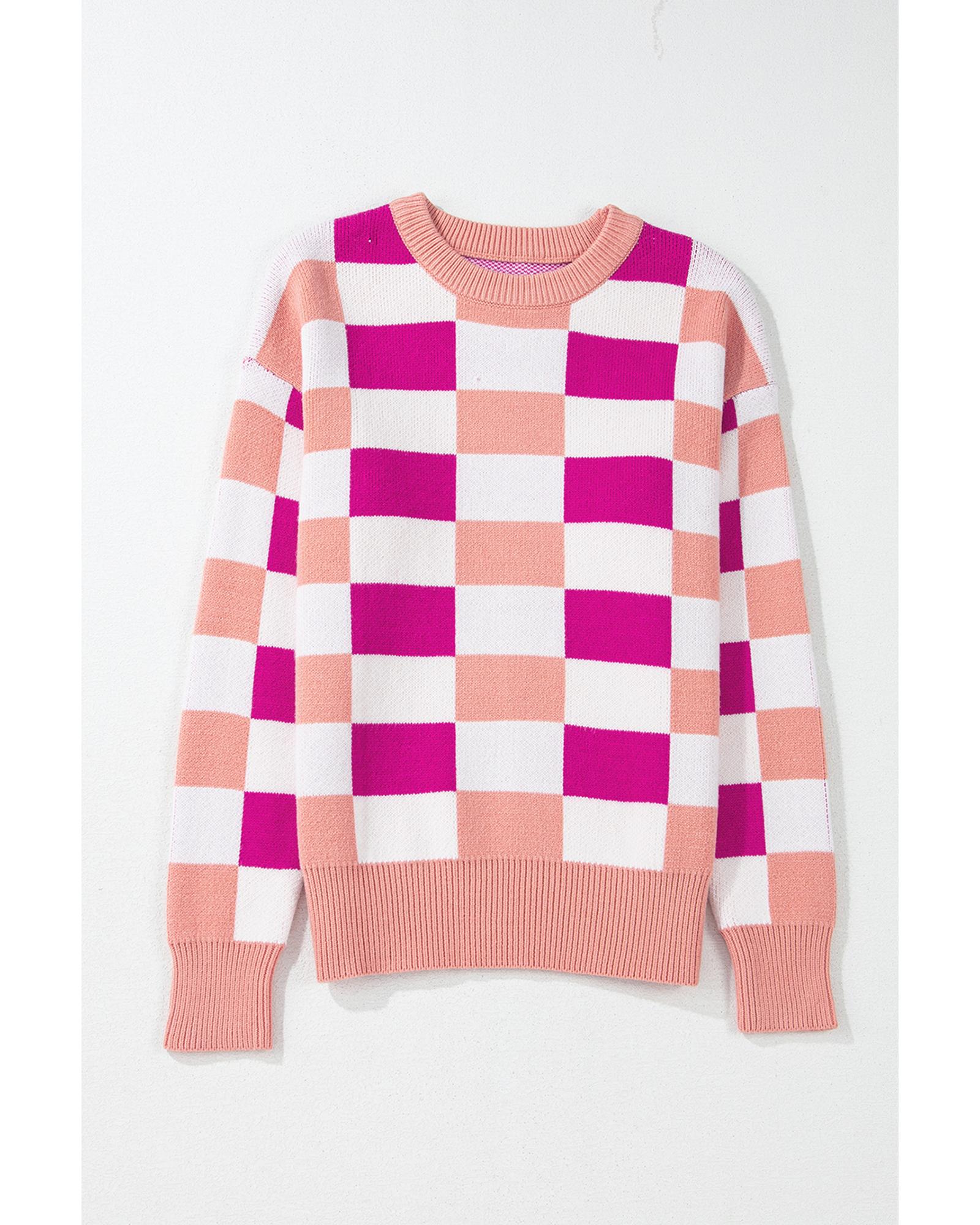 Pink Checkered Ribbed Edge O Neck Drop Shoulder Sweater - XL 8