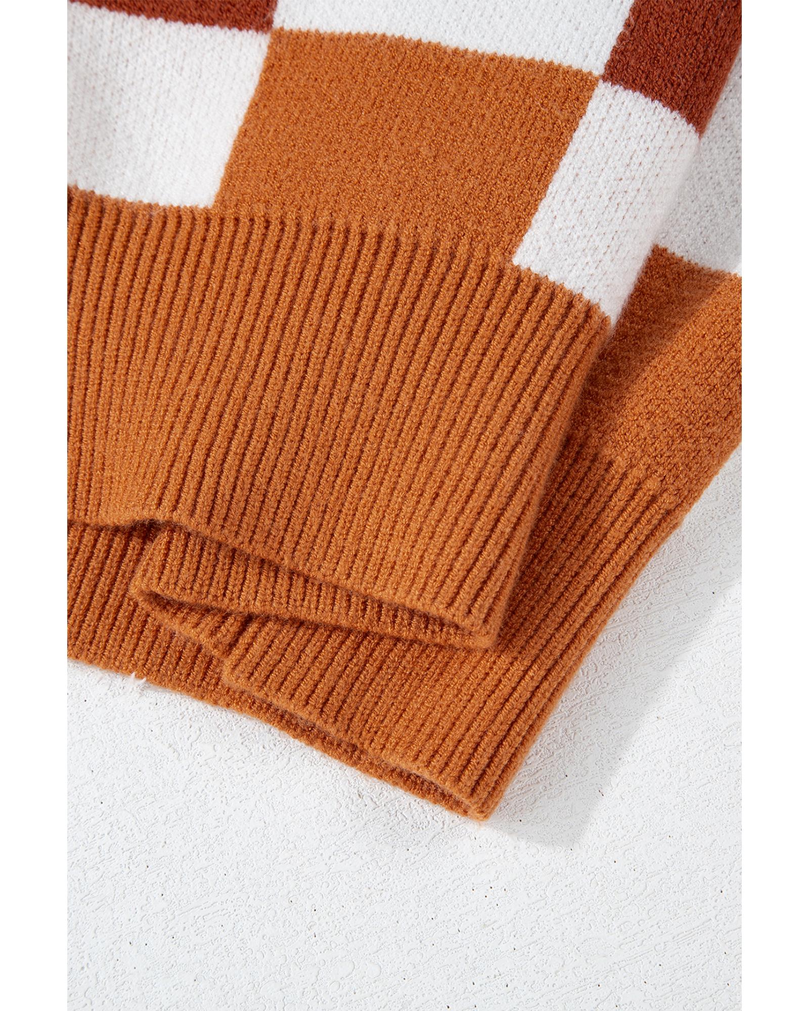 Orange Checkered Ribbed Edge O Neck Drop Shoulder Sweater - L