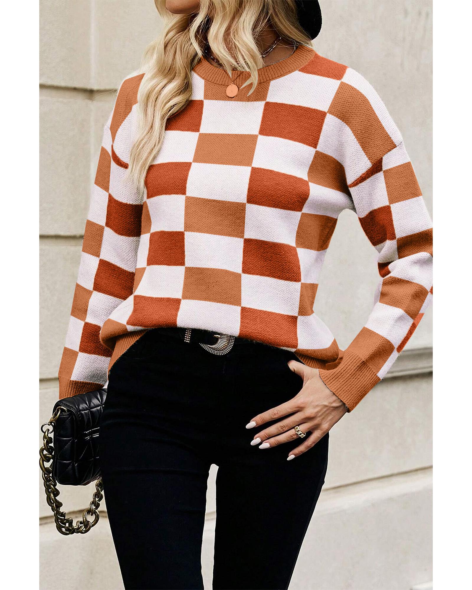 Orange Checkered Ribbed Edge O Neck Drop Shoulder Sweater - L 4