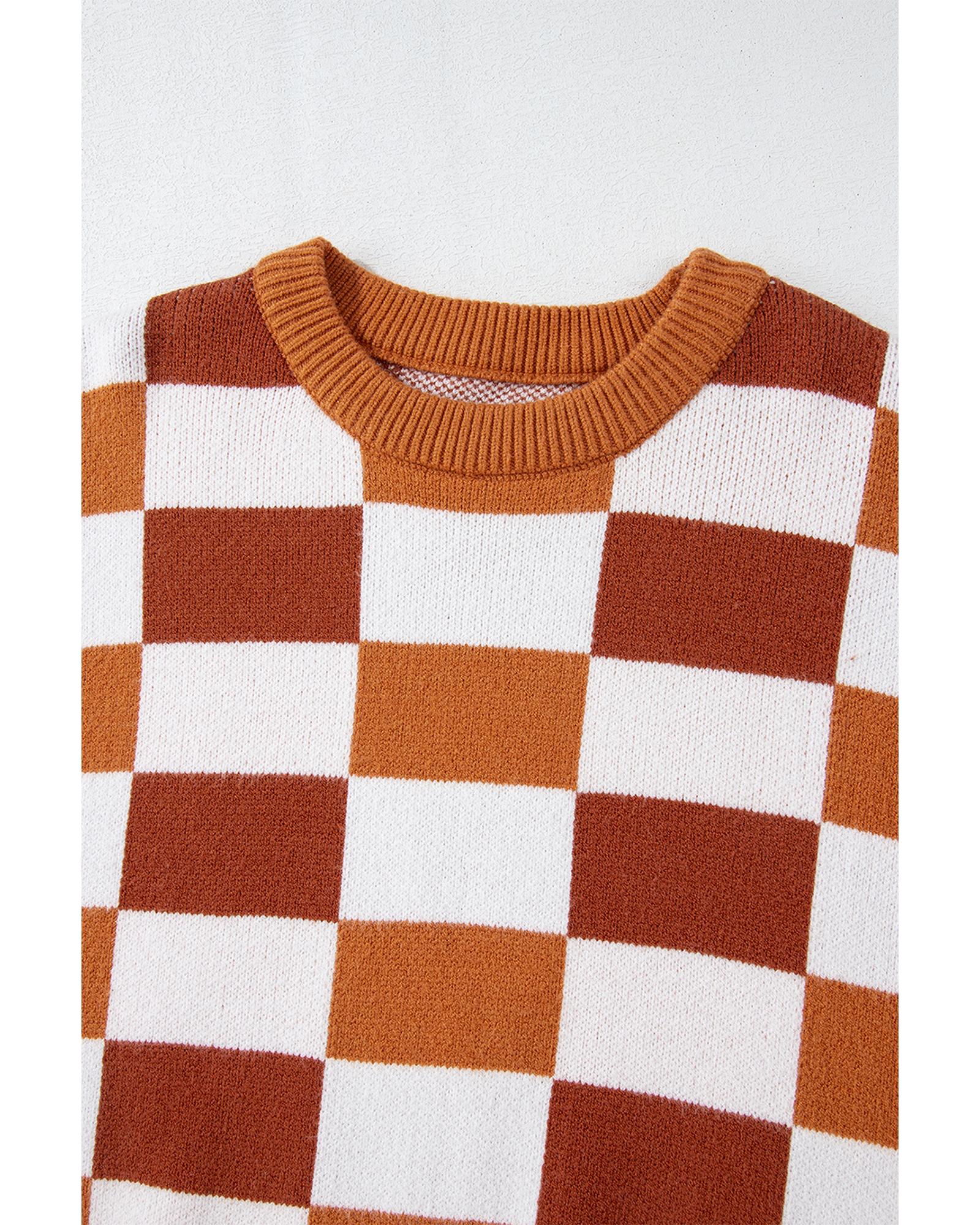 Orange Checkered Ribbed Edge O Neck Drop Shoulder Sweater - S