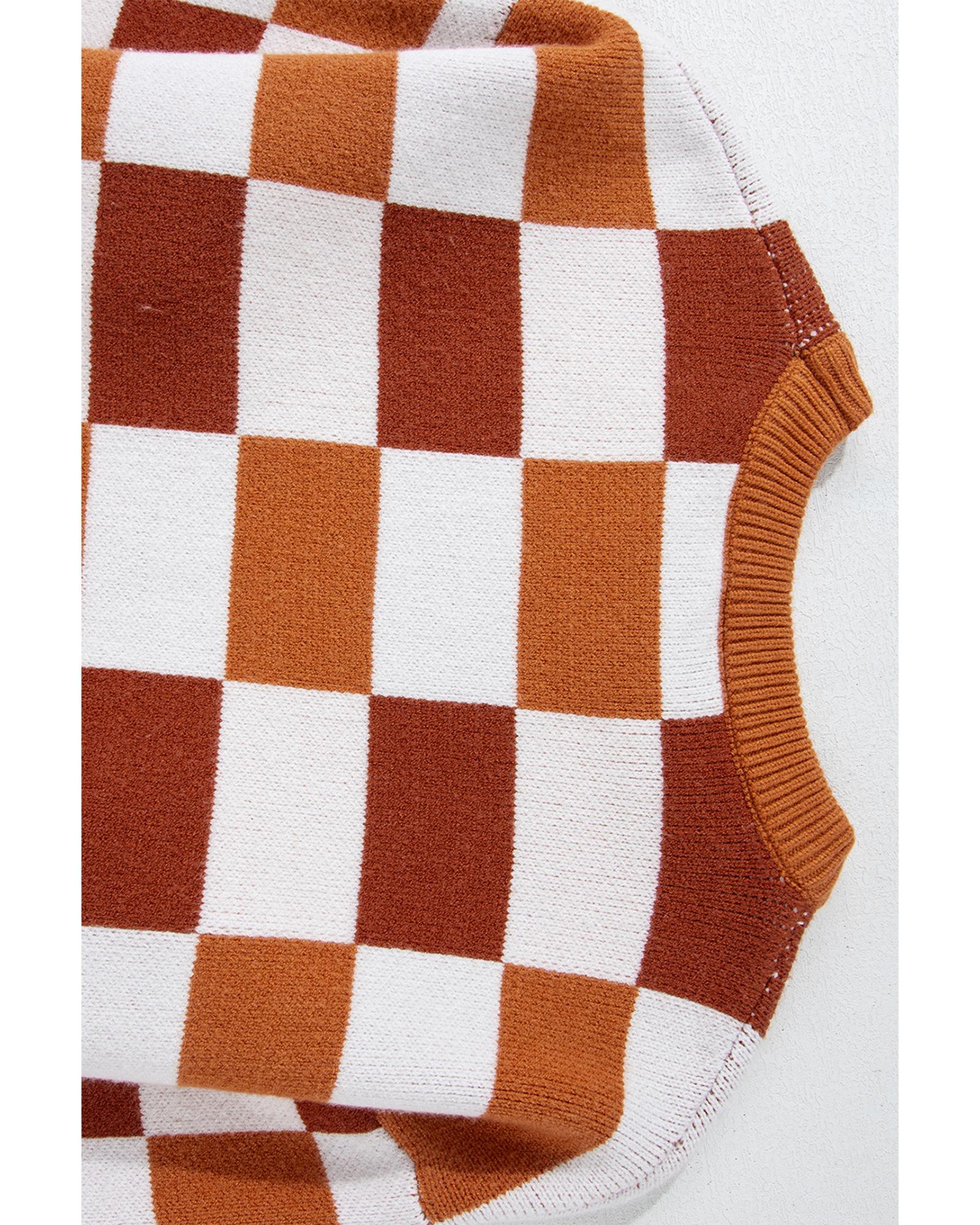 Orange Checkered Ribbed Edge O Neck Drop Shoulder Sweater - S 4