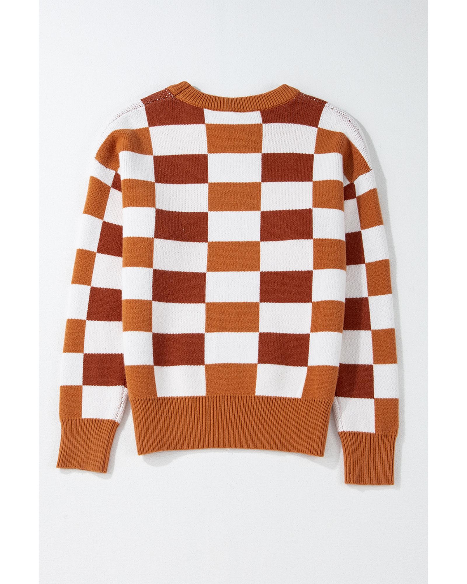Orange Checkered Ribbed Edge O Neck Drop Shoulder Sweater - S 7