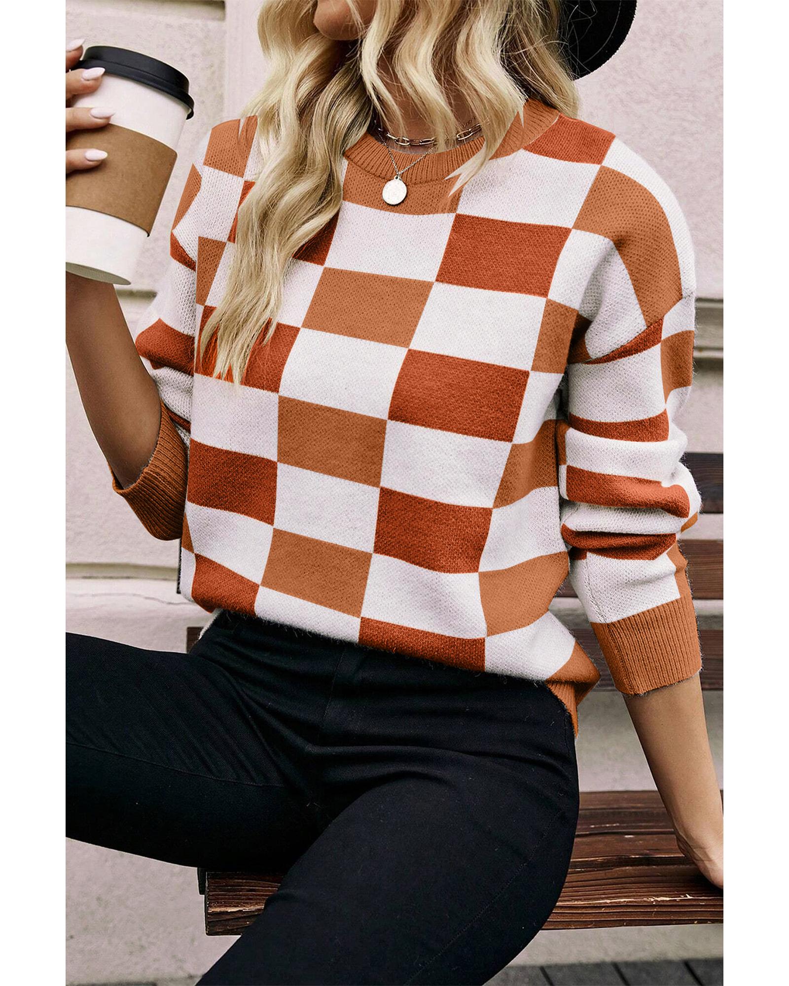 Orange Checkered Ribbed Edge O Neck Drop Shoulder Sweater - S 8