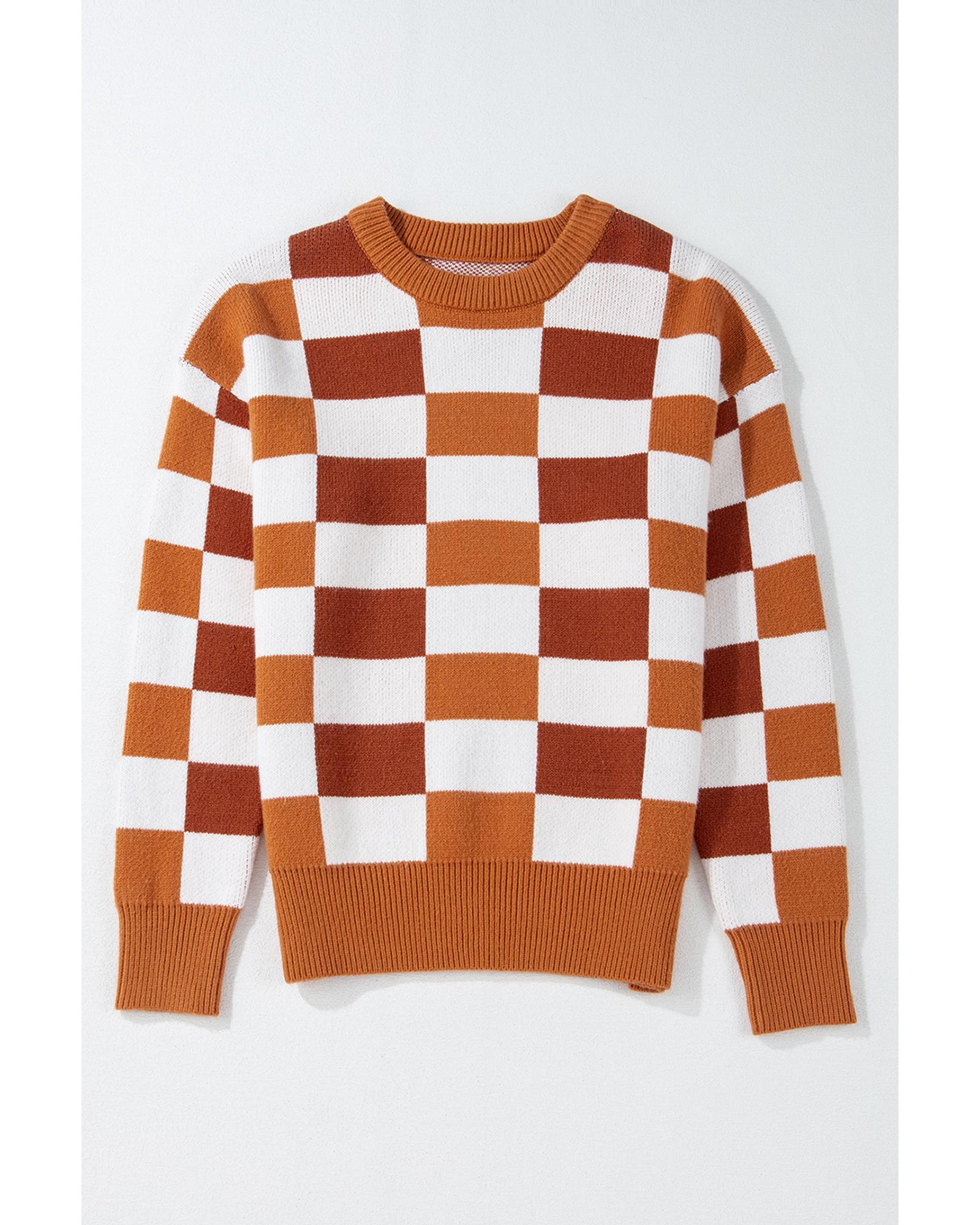 Orange Checkered Ribbed Edge O Neck Drop Shoulder Sweater - XL 3