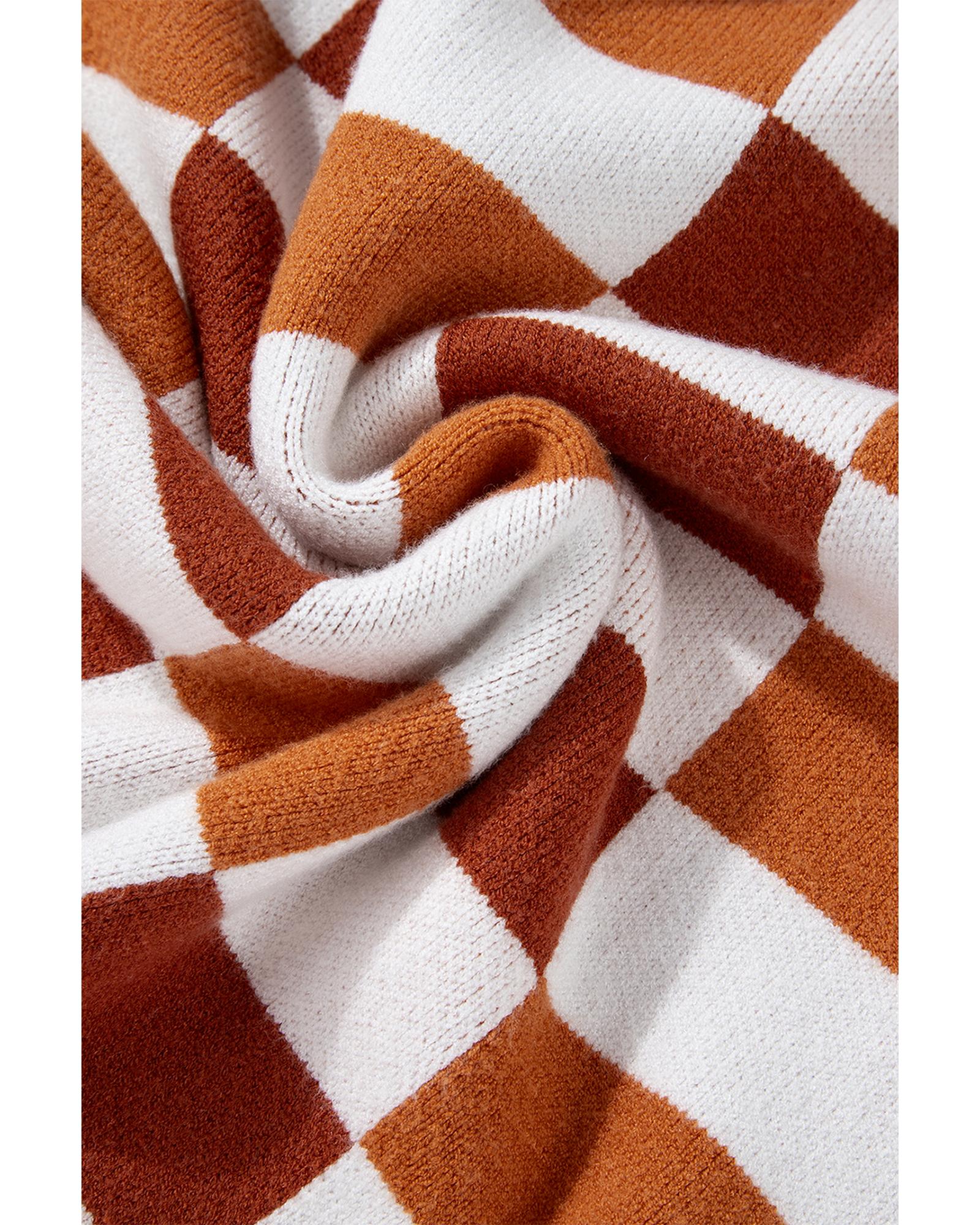 Orange Checkered Ribbed Edge O Neck Drop Shoulder Sweater - XL 6