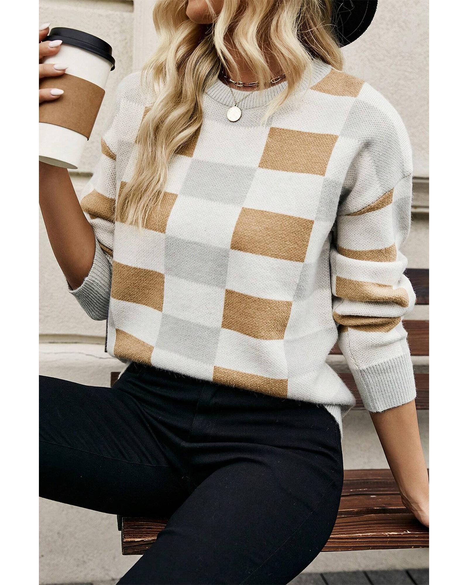 Khaki Checkered Ribbed Edge O Neck Drop Shoulder Sweater - XL 4