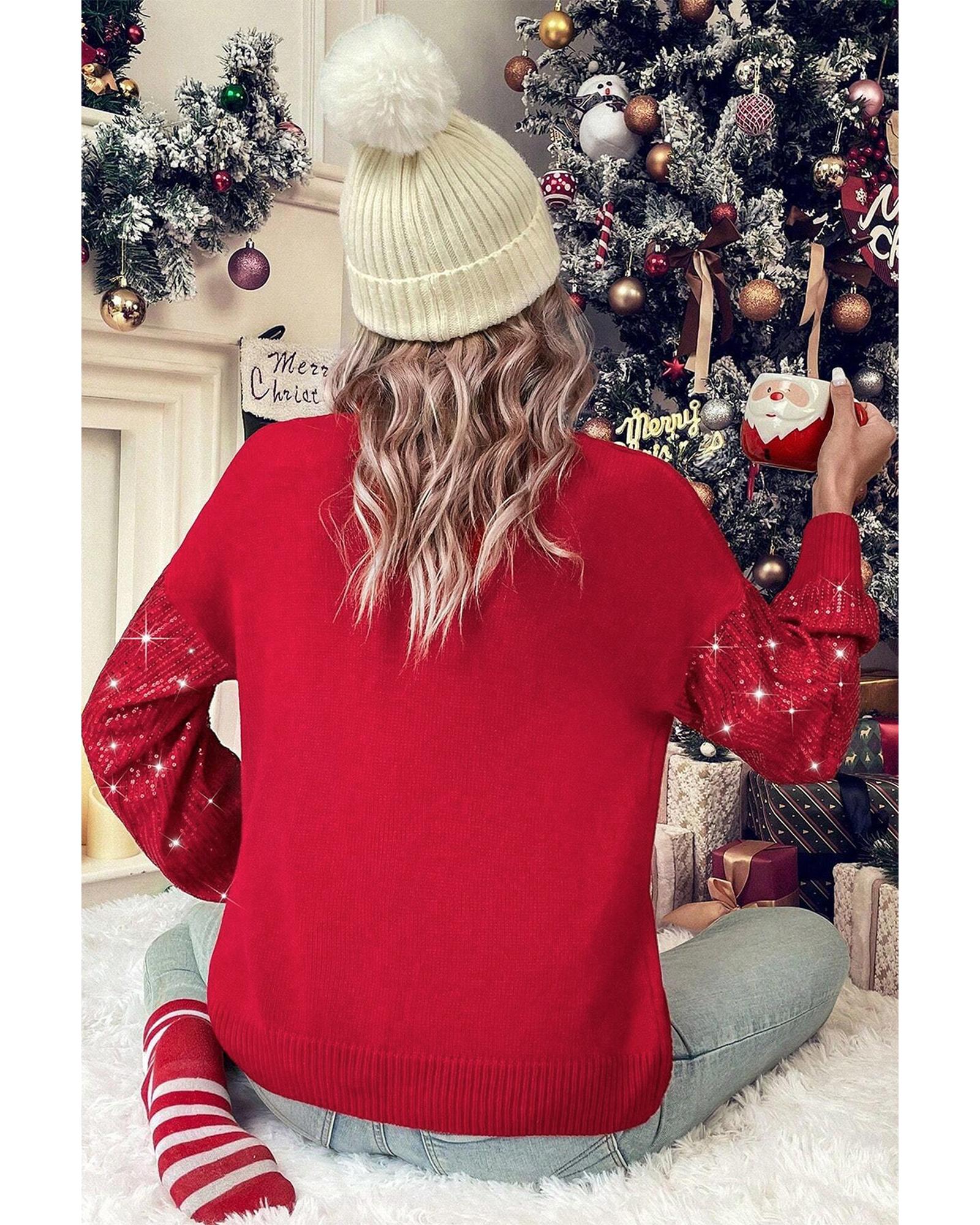 Racing Red Merry Graphic Sequin Sleeve Turtleneck Sweater - S 4