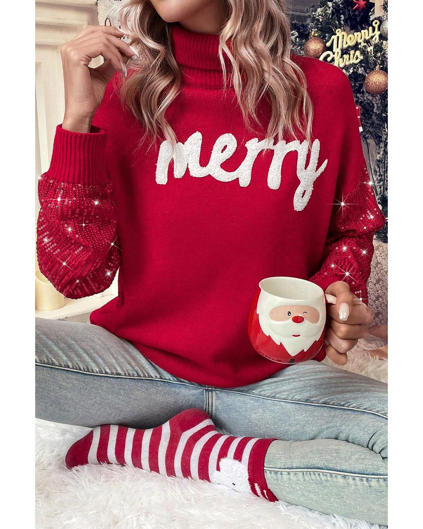 Racing Red Merry Graphic Sequin Sleeve Turtleneck Sweater - S 5