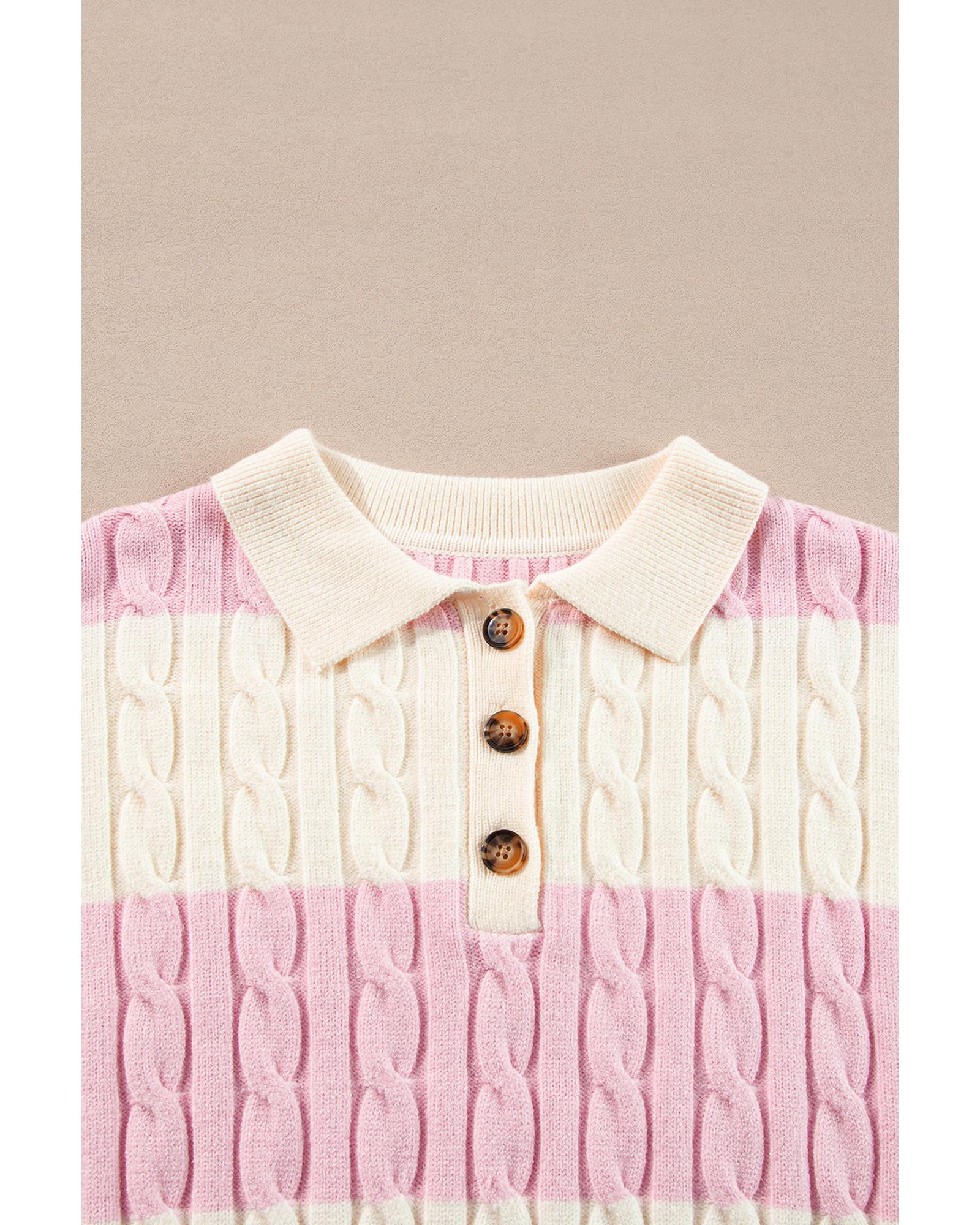 Pink Stripe Cable Knit Collared Henley Sweater - L 8