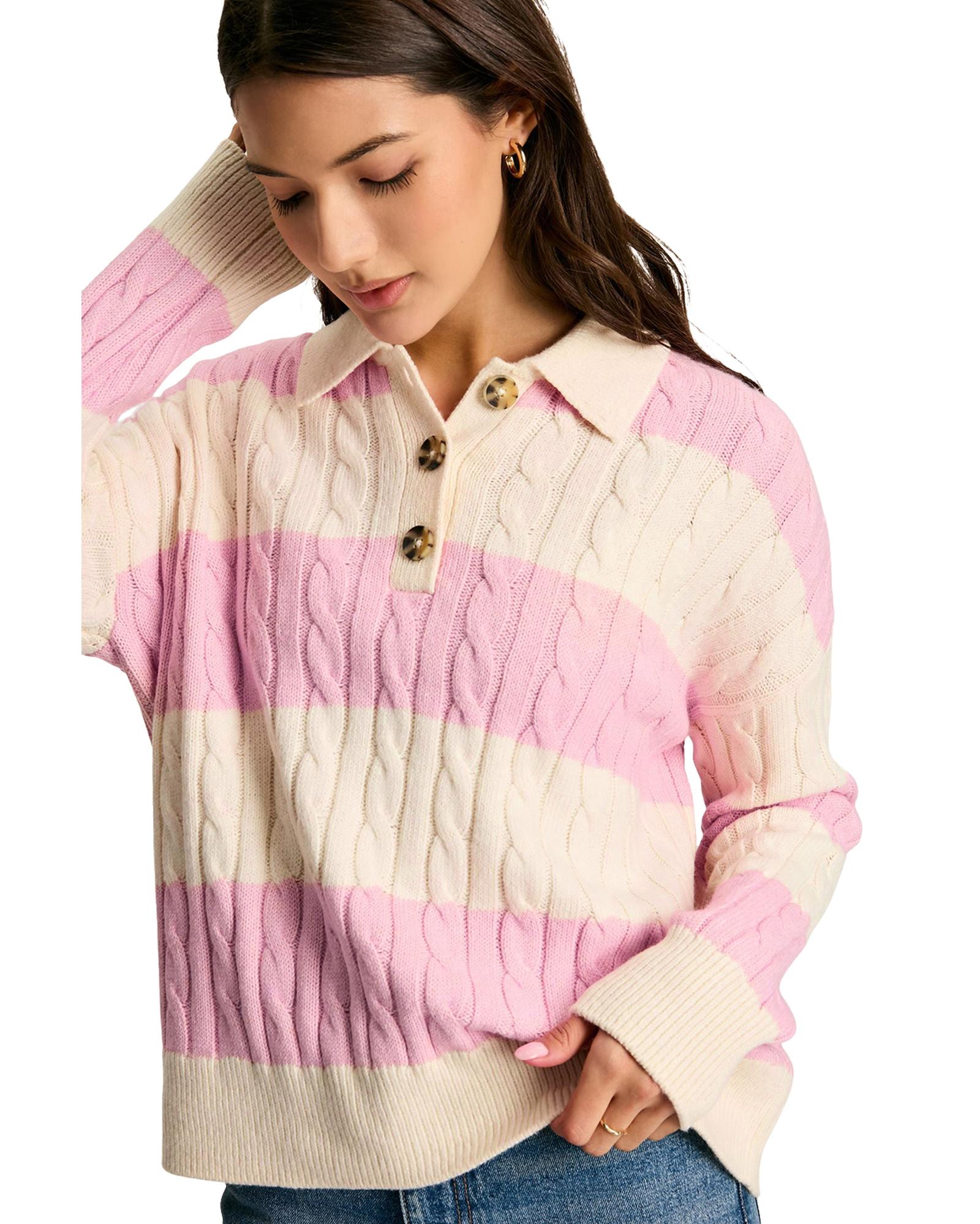 Pink Stripe Cable Knit Collared Henley Sweater - M 4