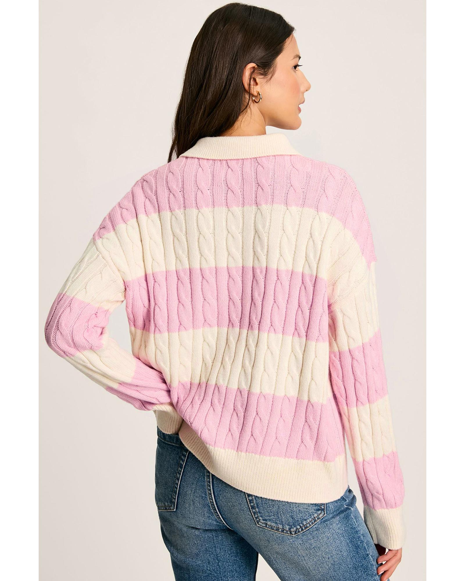 Pink Stripe Cable Knit Collared Henley Sweater - M 5